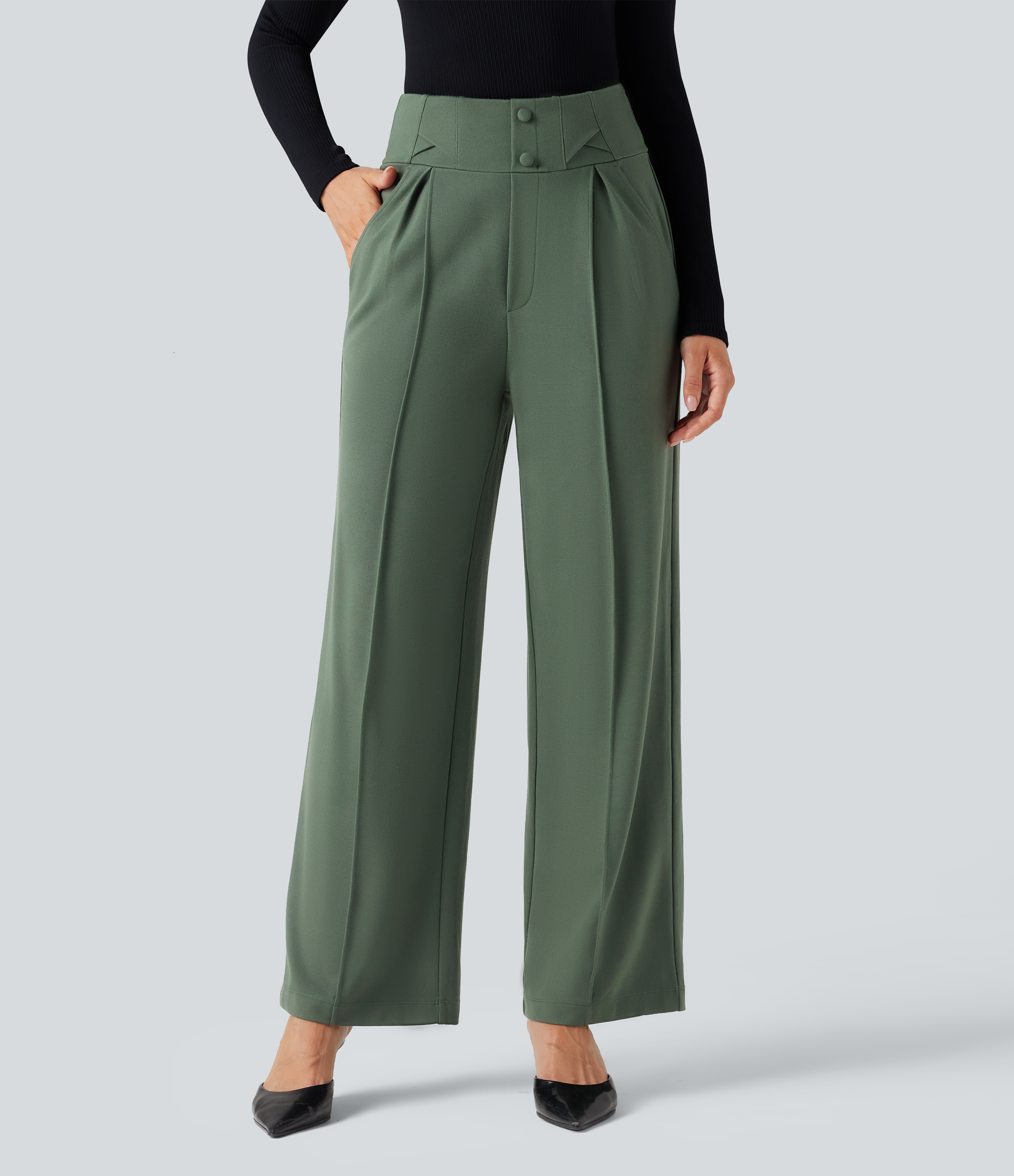 Bean Green Pantalon tailleur coupe droite taille haute Halara Flex™ avec poches / 1