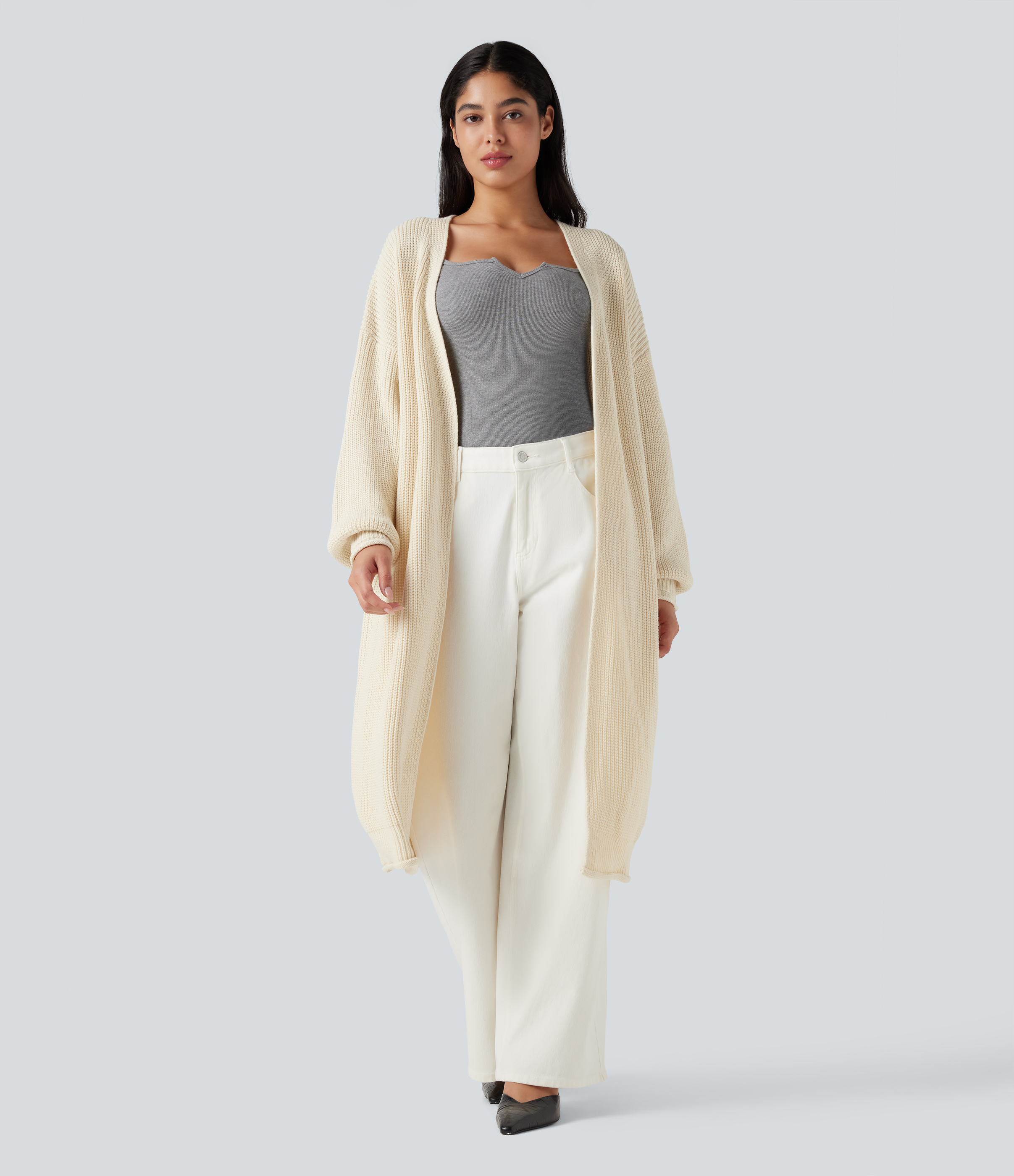 Long Sleeve Open Front Longline Sweater Knit Work Cardigan
