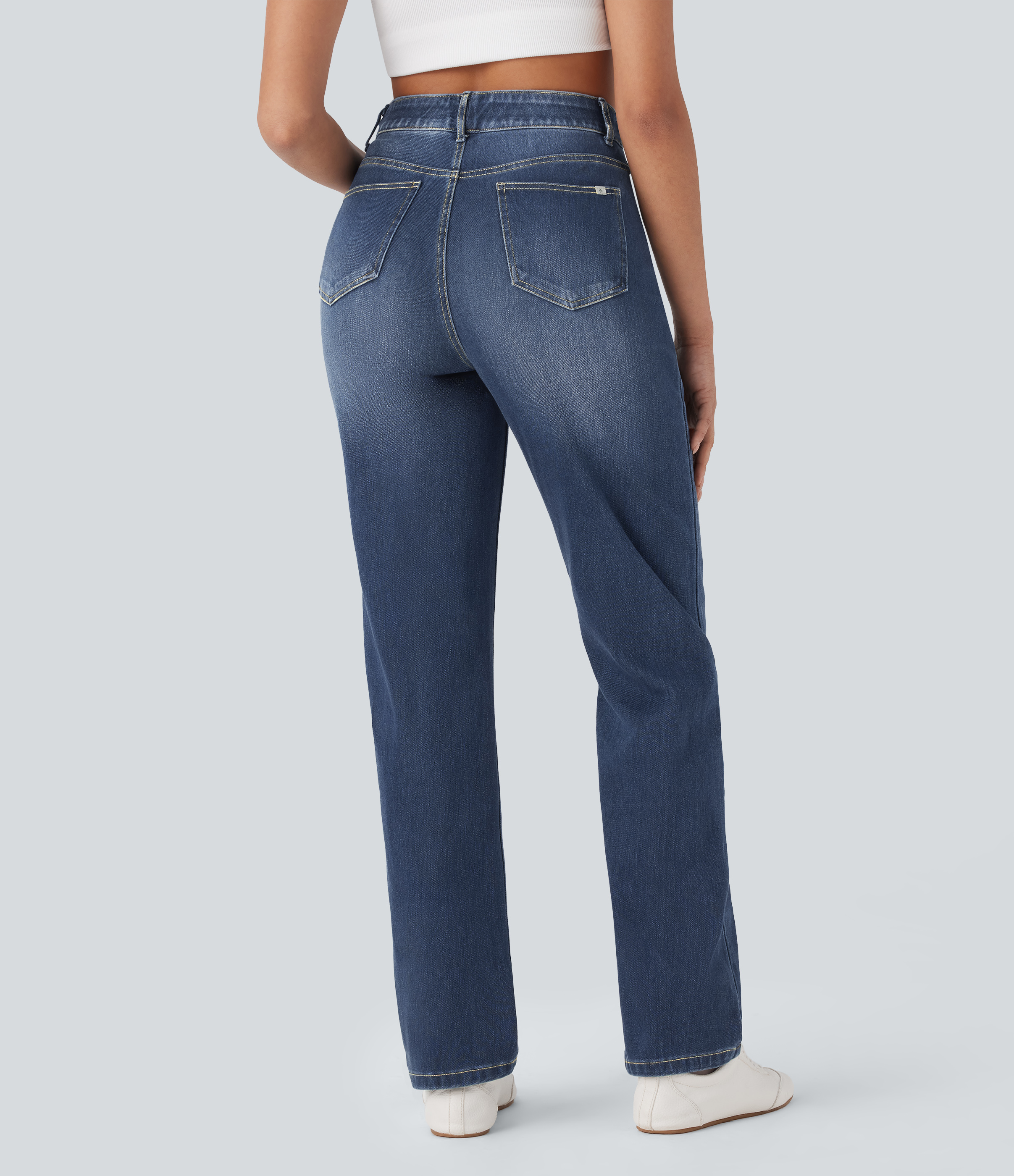 Distressed Denim Dark Blue Halara Flex™ High Waisted Tummy Control Pockets Straight Leg Washed Casual Jeans / 2