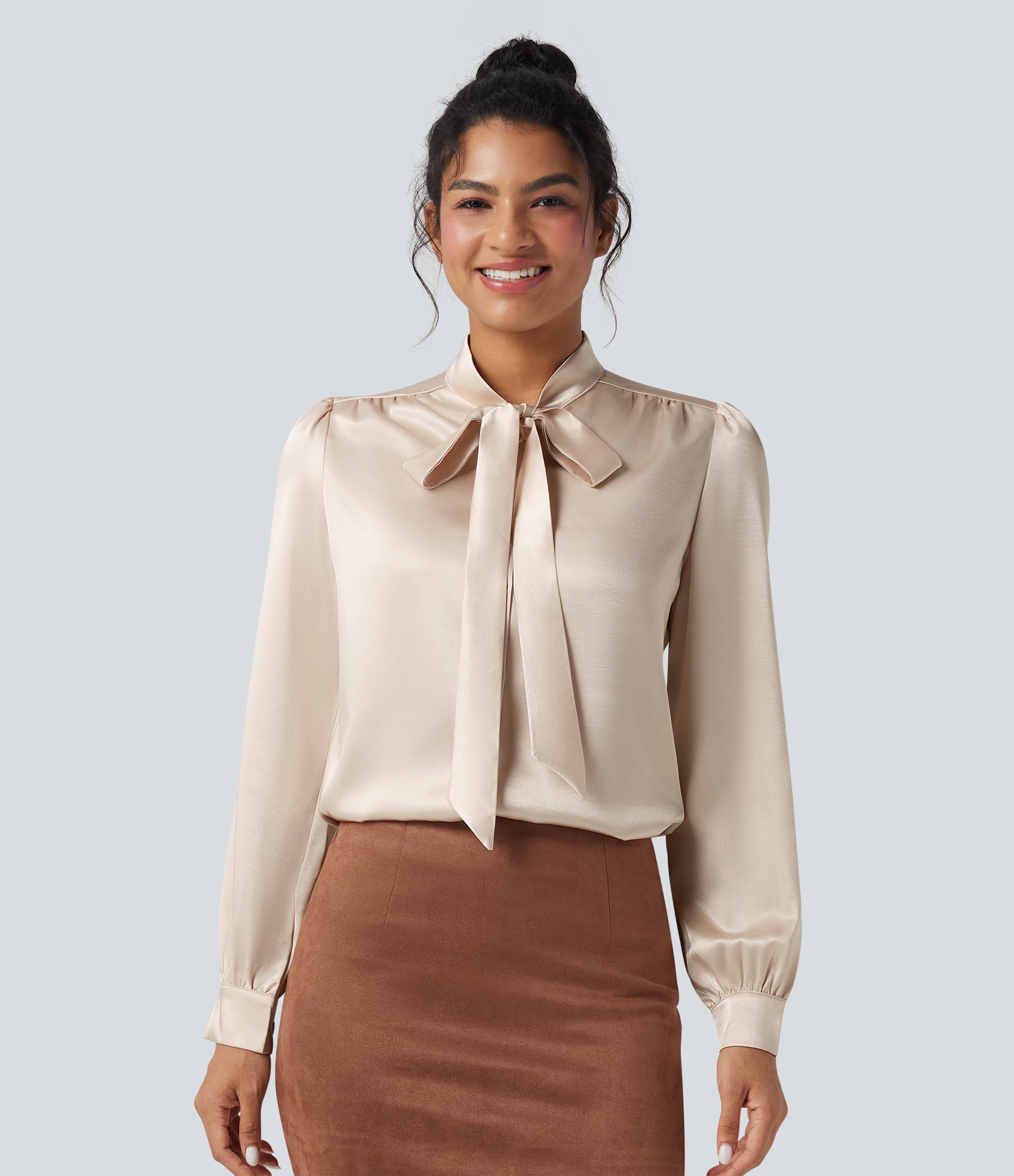 Tie Front Long Sleeve Satin Work Shirt