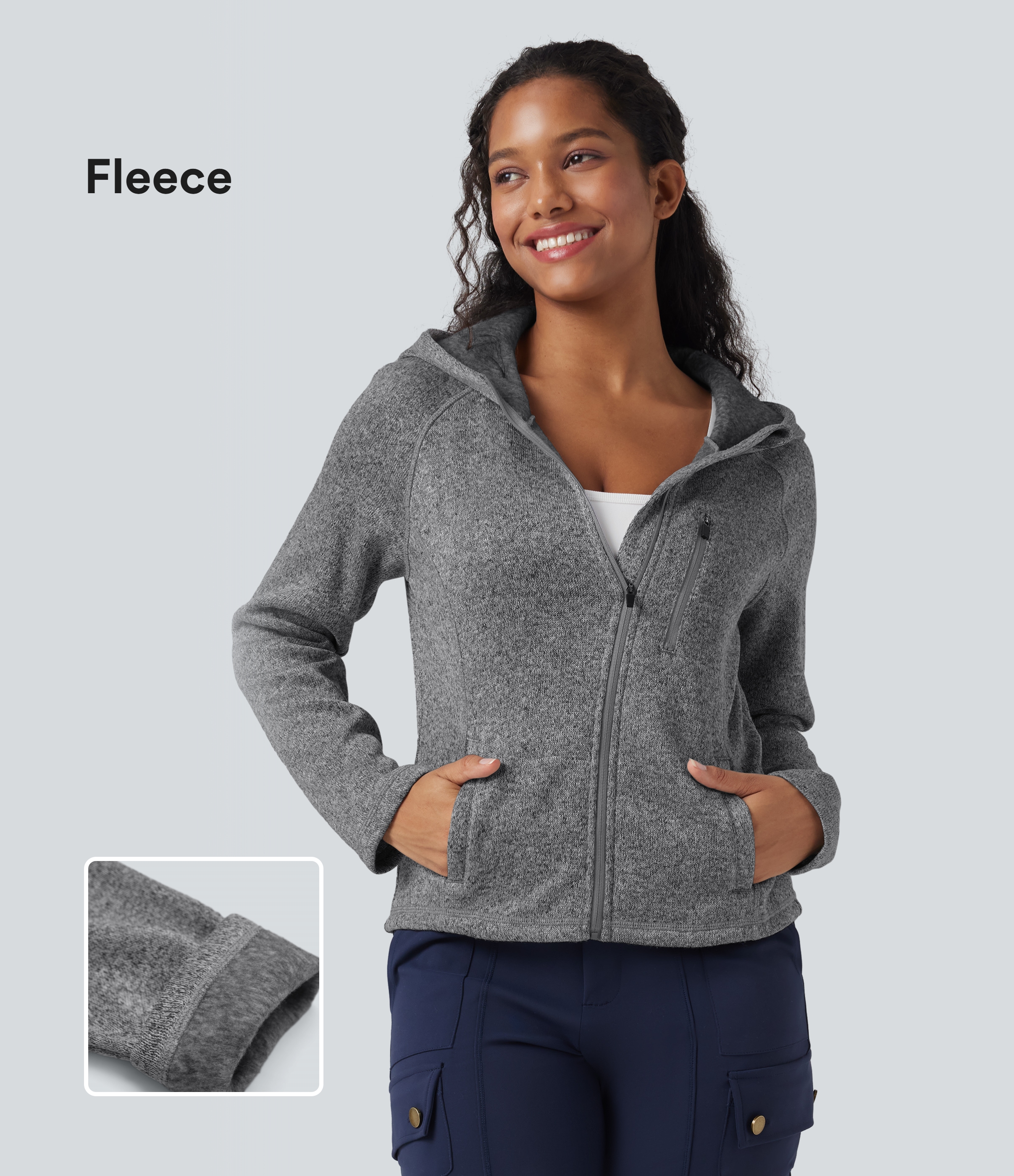 Veste de randonnée tricotée en molleton à capuche manches longues avec poches