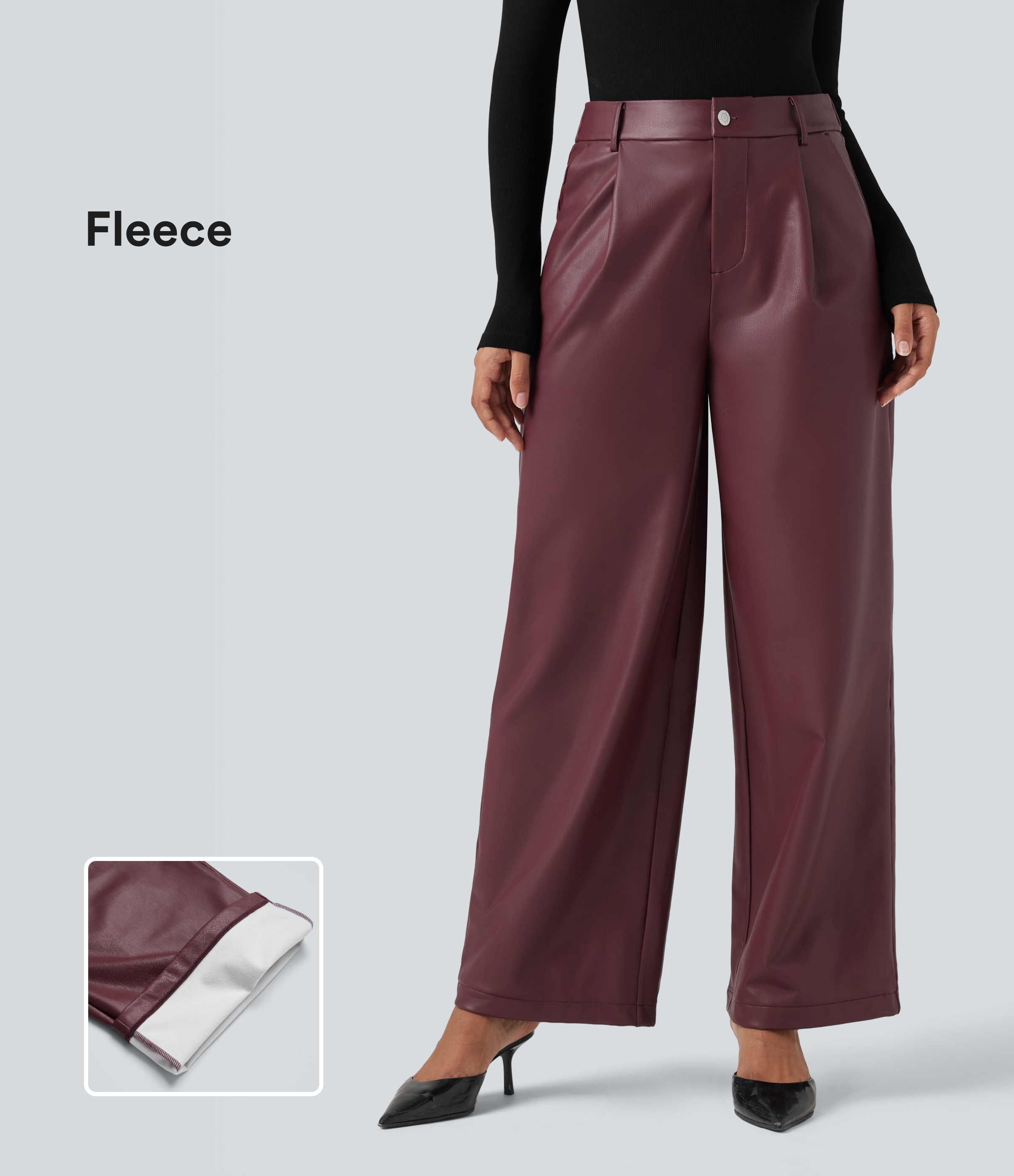 High Waisted Wide Leg Fleece Casual PU Faux Leather Trousers with Pockets