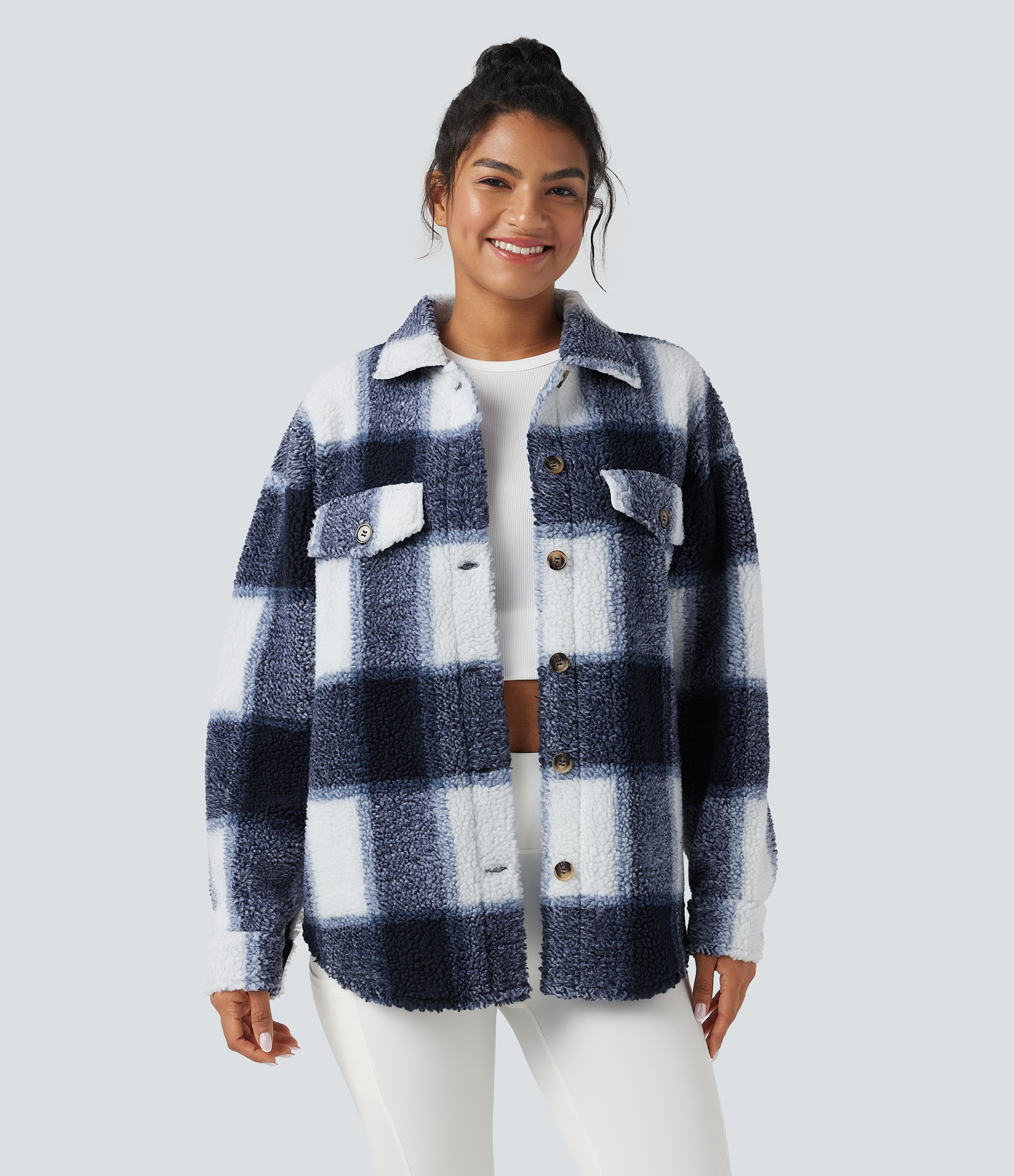 Veste-chemise sherpa col ourlet arrondi manches longues avec poches