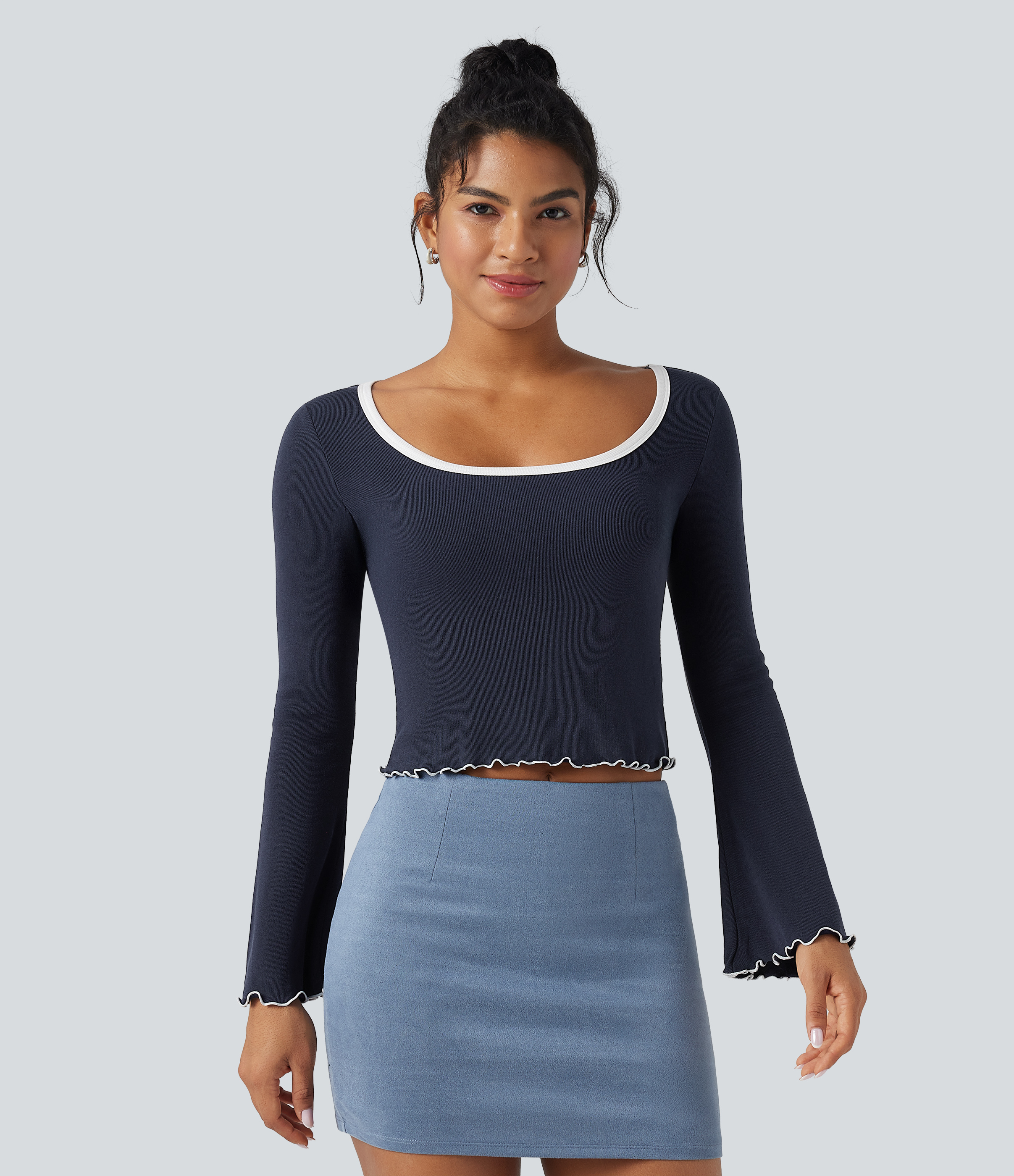 Deep Twilight Square Neck Flounce Long Sleeve Casual T-Shirt / 1