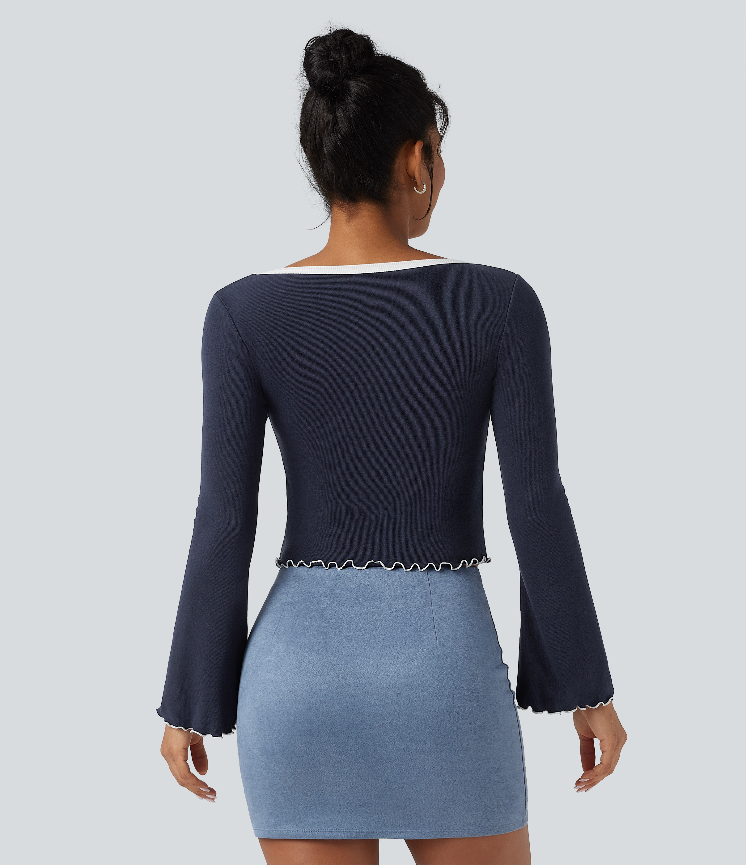 Deep Twilight Square Neck Flounce Long Sleeve Casual T-Shirt / 2