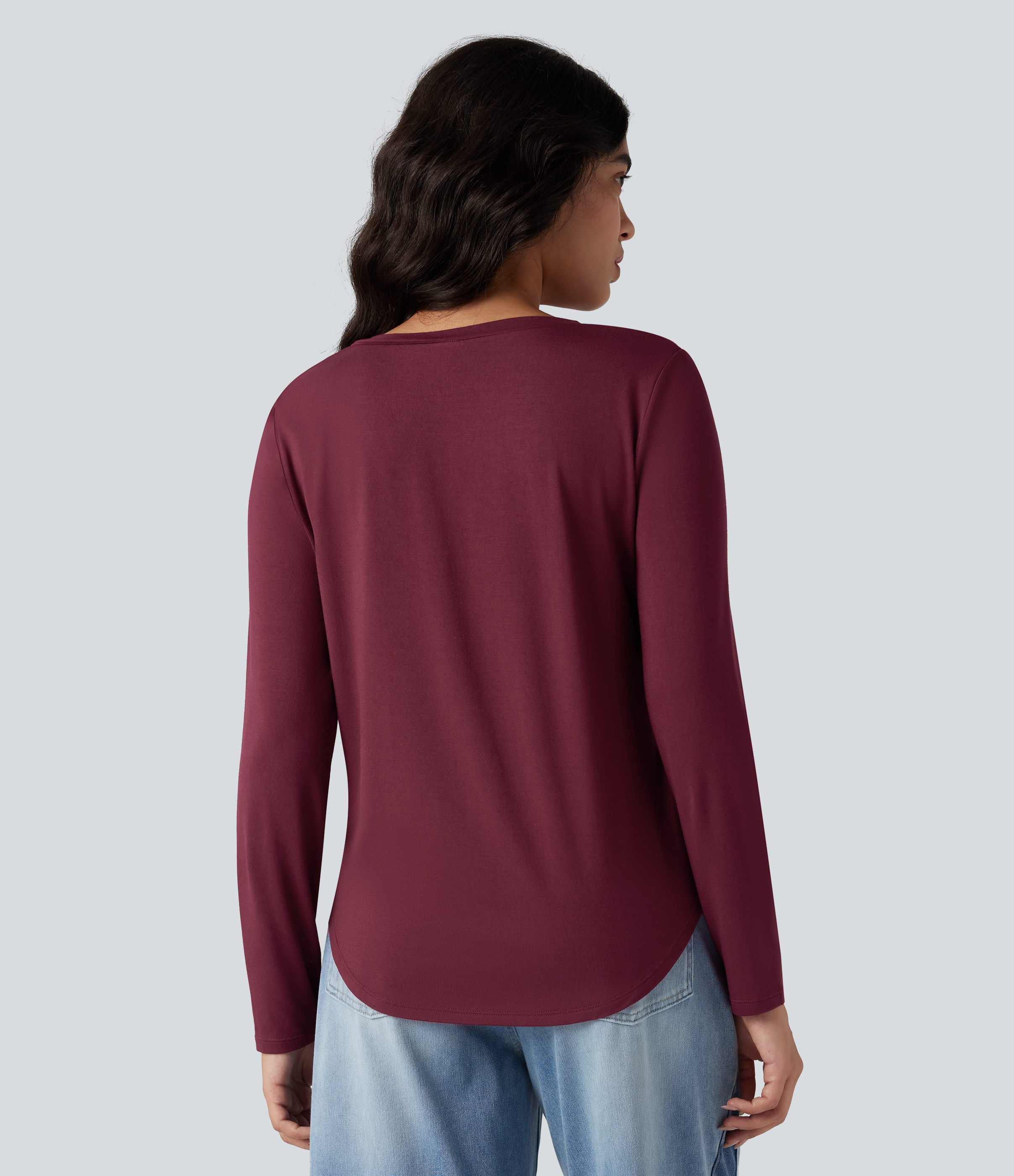 Purple Potion T-shirt col V manches longues ourlet arrondi coupe décontractée avec poche / 2