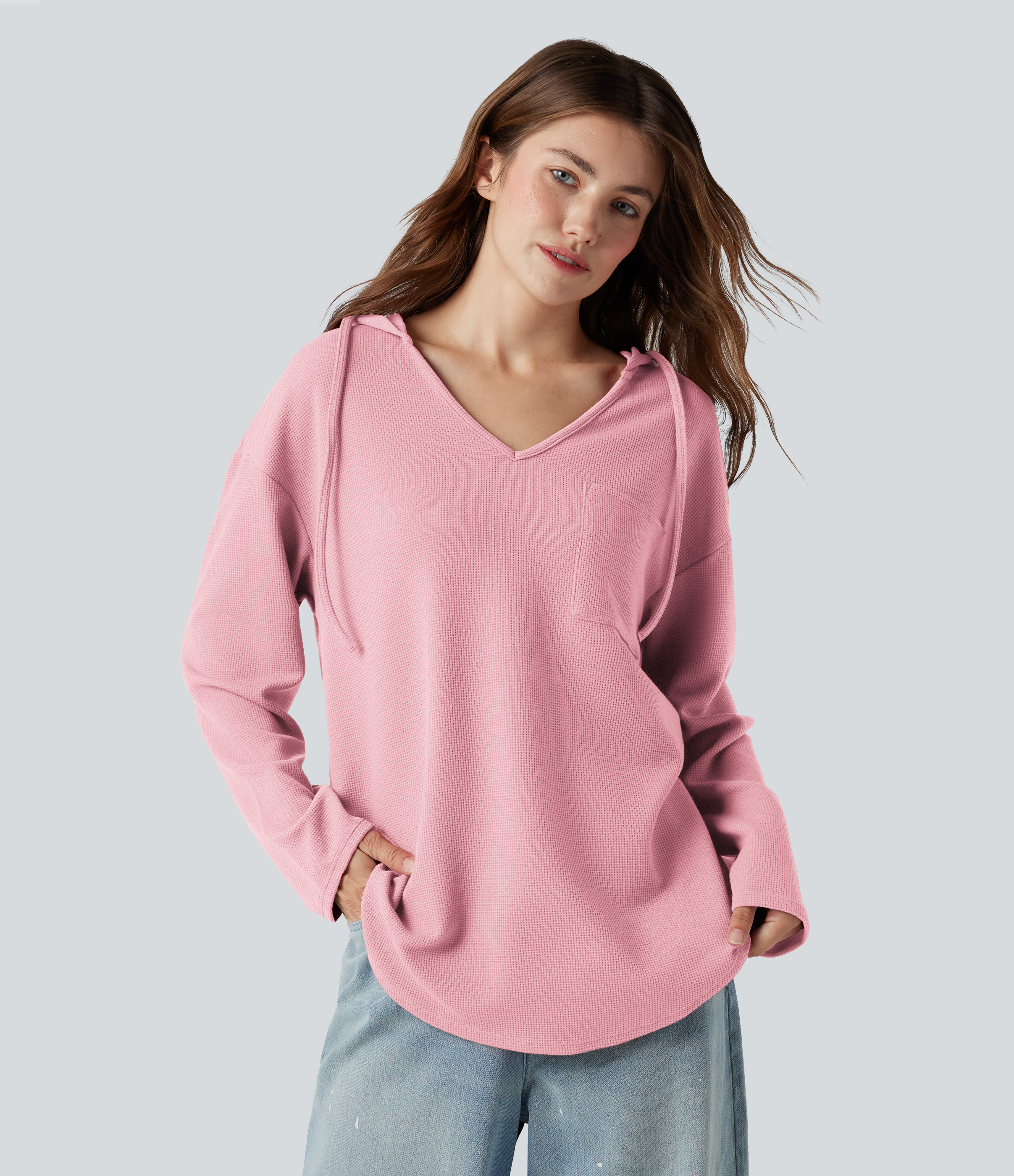 Almond Blossom Hooded Drawstring Long Sleeve Curved Hem Waffle Casual Sweatshirt with Pocket / 2