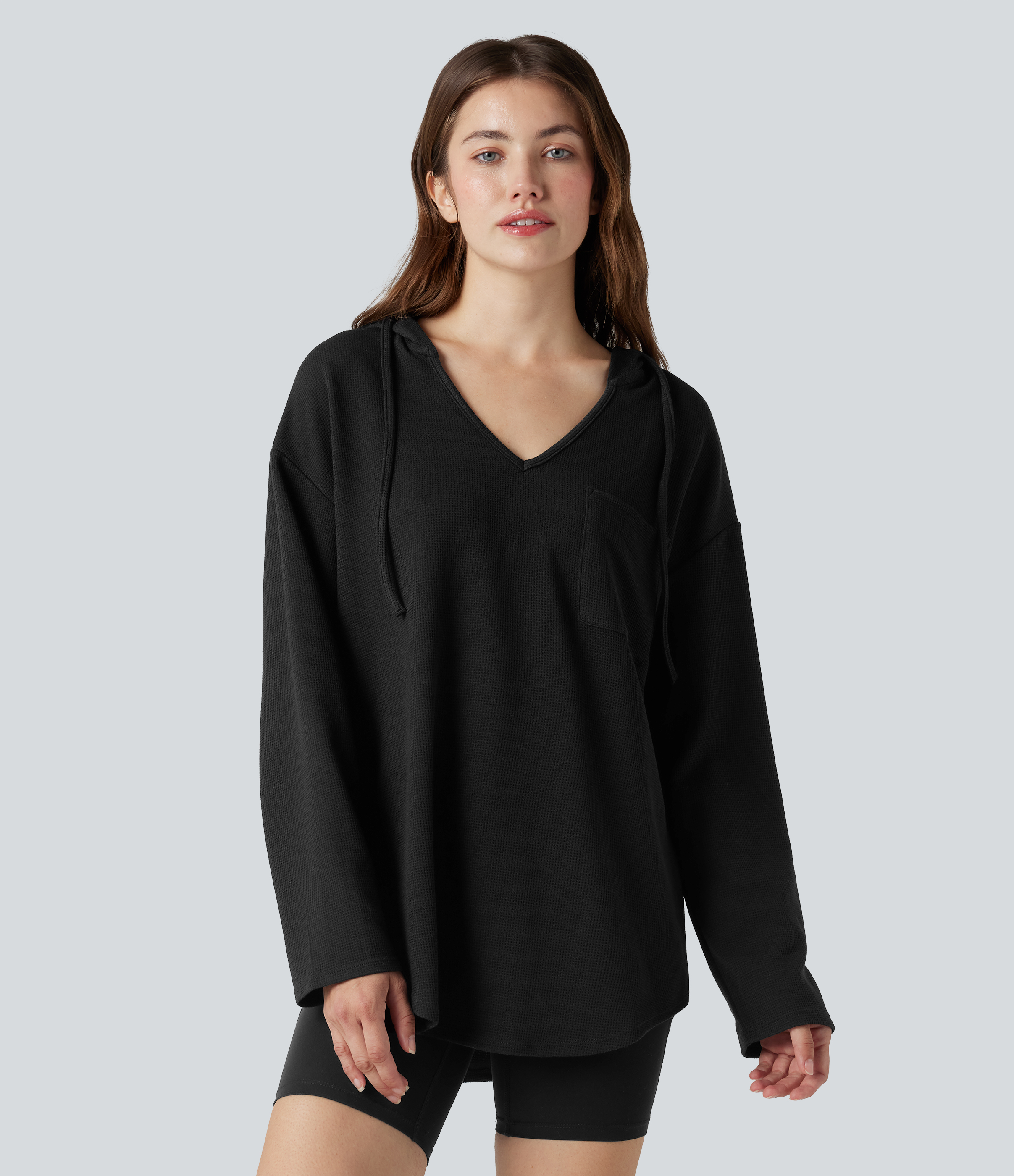 Hooded Drawstring Long Sleeve Curved Hem Waffle Casual Sweatshirt with Pocket