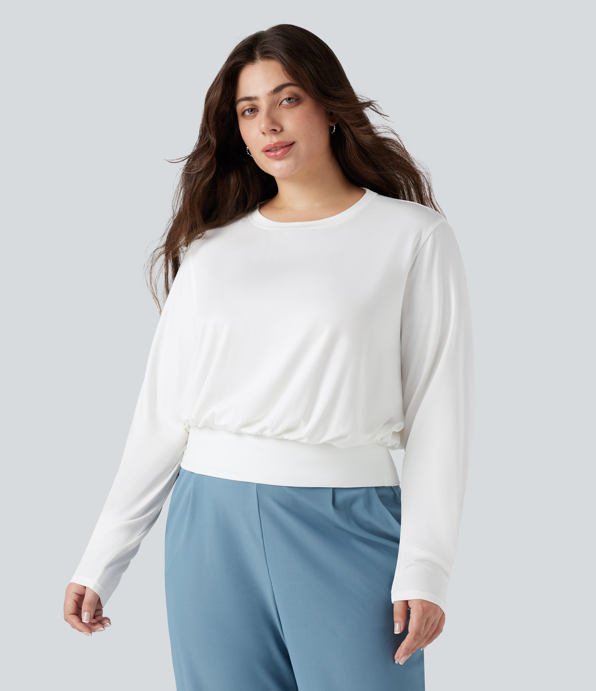 White Round Neck Long Sleeve Work Plus Size Top / 2