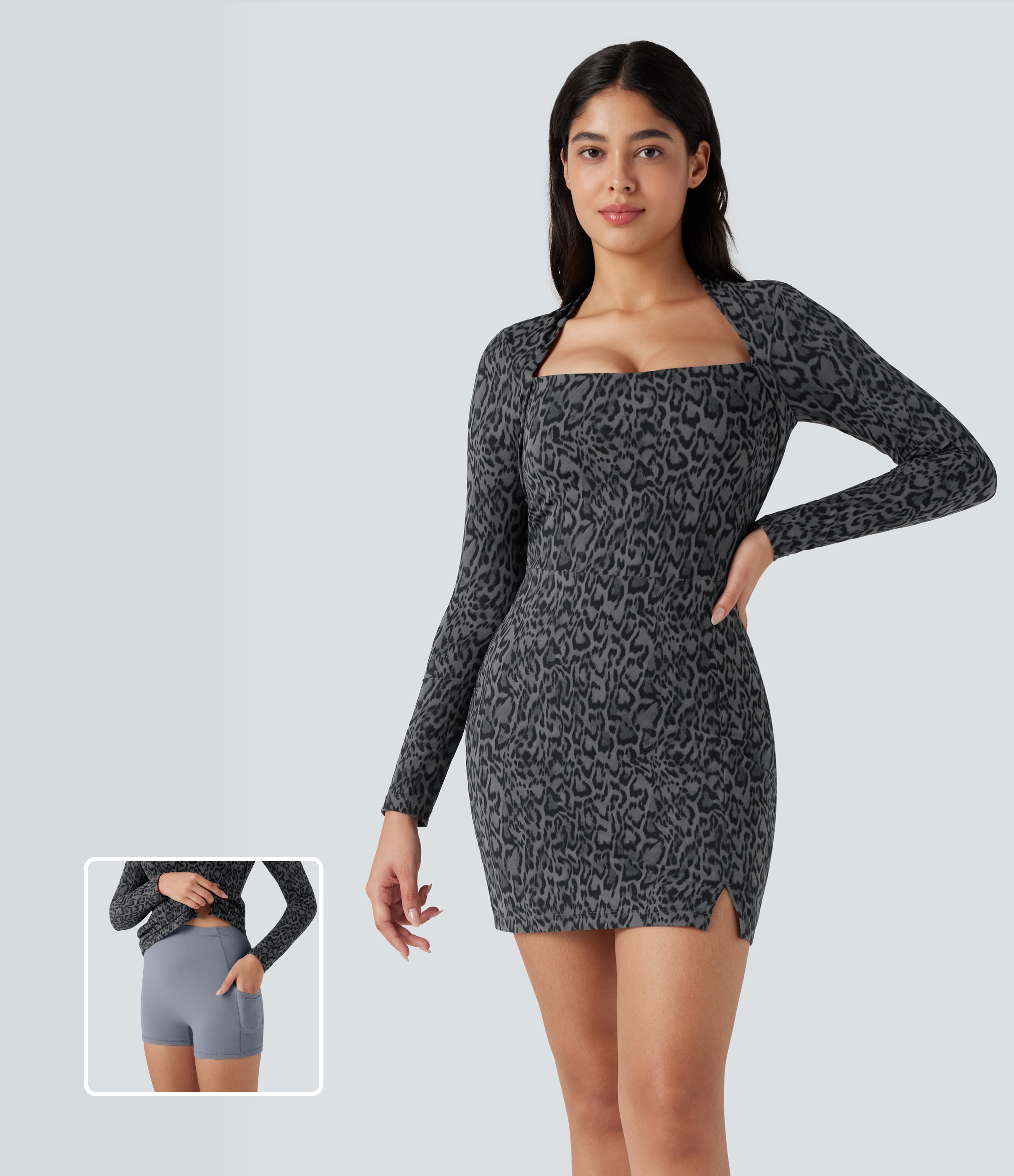Halara – Halara UltraSculpt™ – Figurbetontes, 2-teiliges Tennis-Minikleid mit Seitentaschen, langen Ärmeln und Leopardenmuster – Shadow Leopard – M
