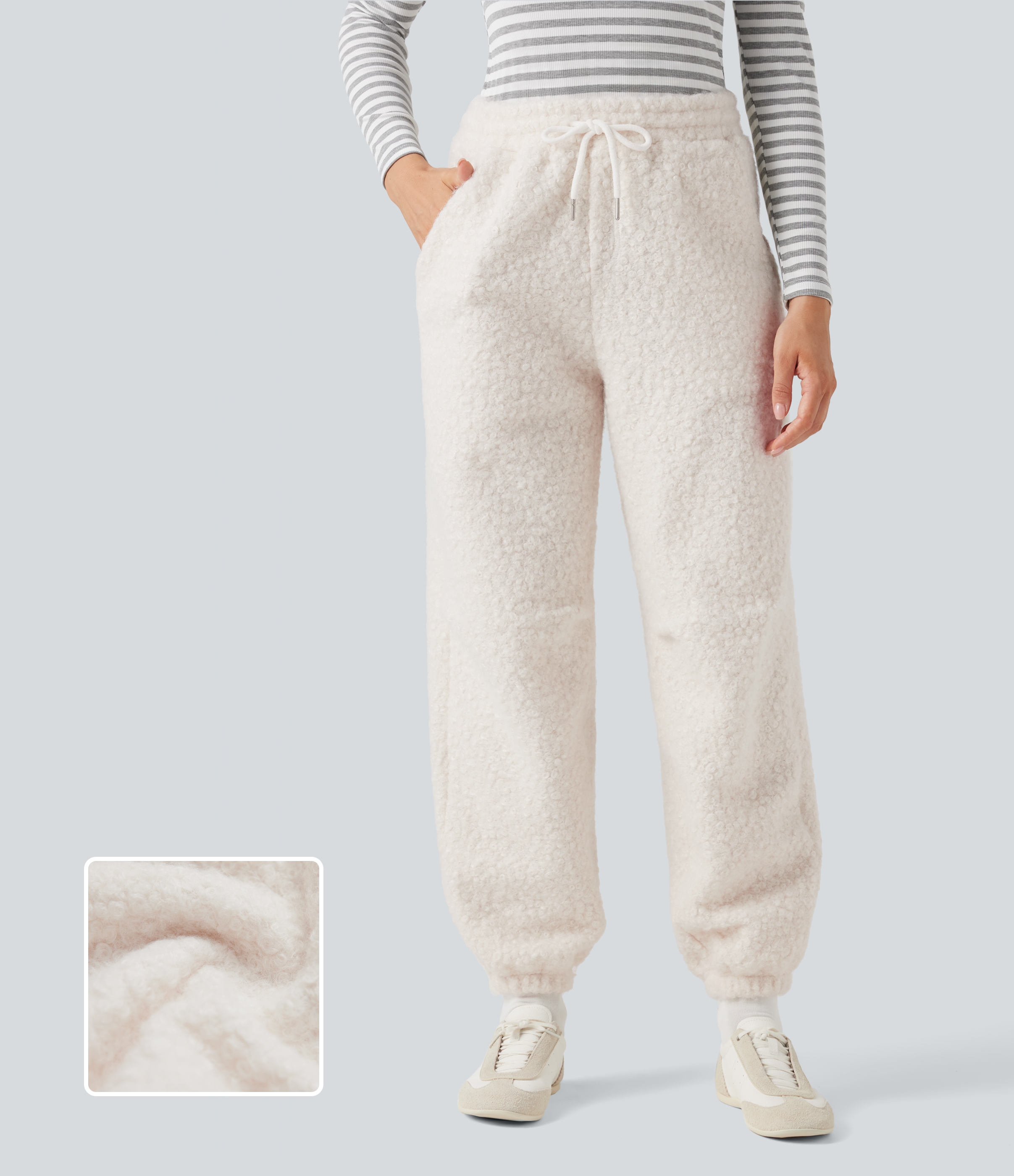 Mid Rise Drawstring Casual Teddy Joggers with Pockets