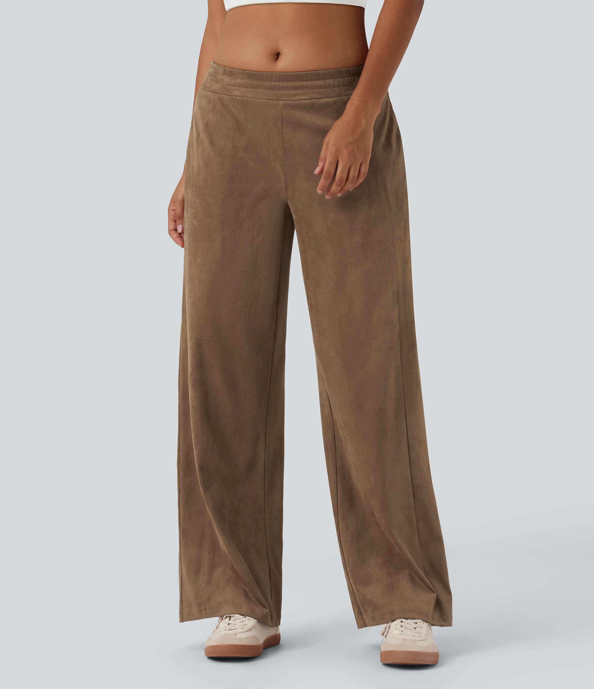 Coca Mocha Pantalones holgados de ante casuales de tiro medio con bolsillos / 1