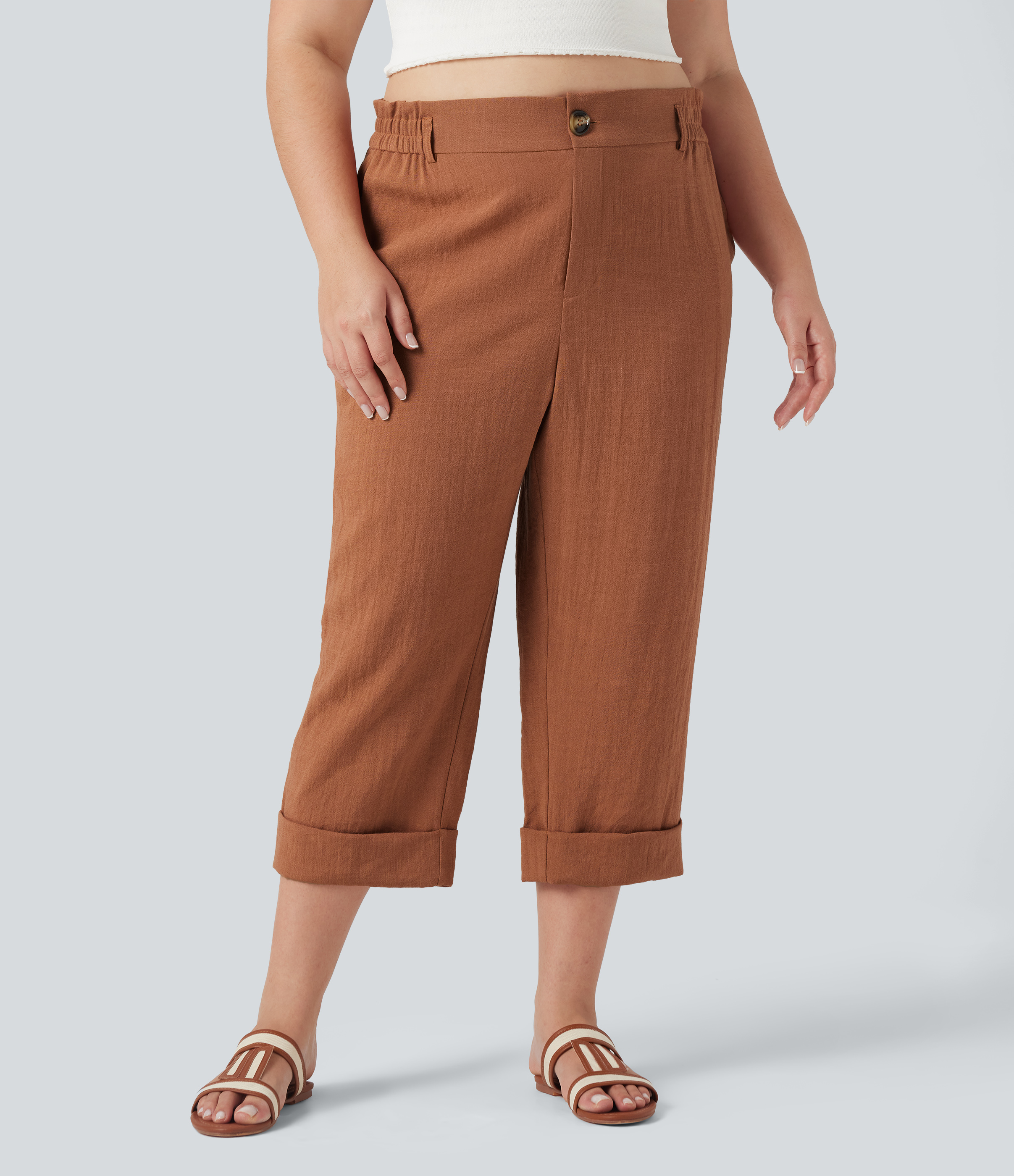 Capri-Hose aus leinenähnlichem Material mit hohem Bund und Seitentaschen - Plus Size
