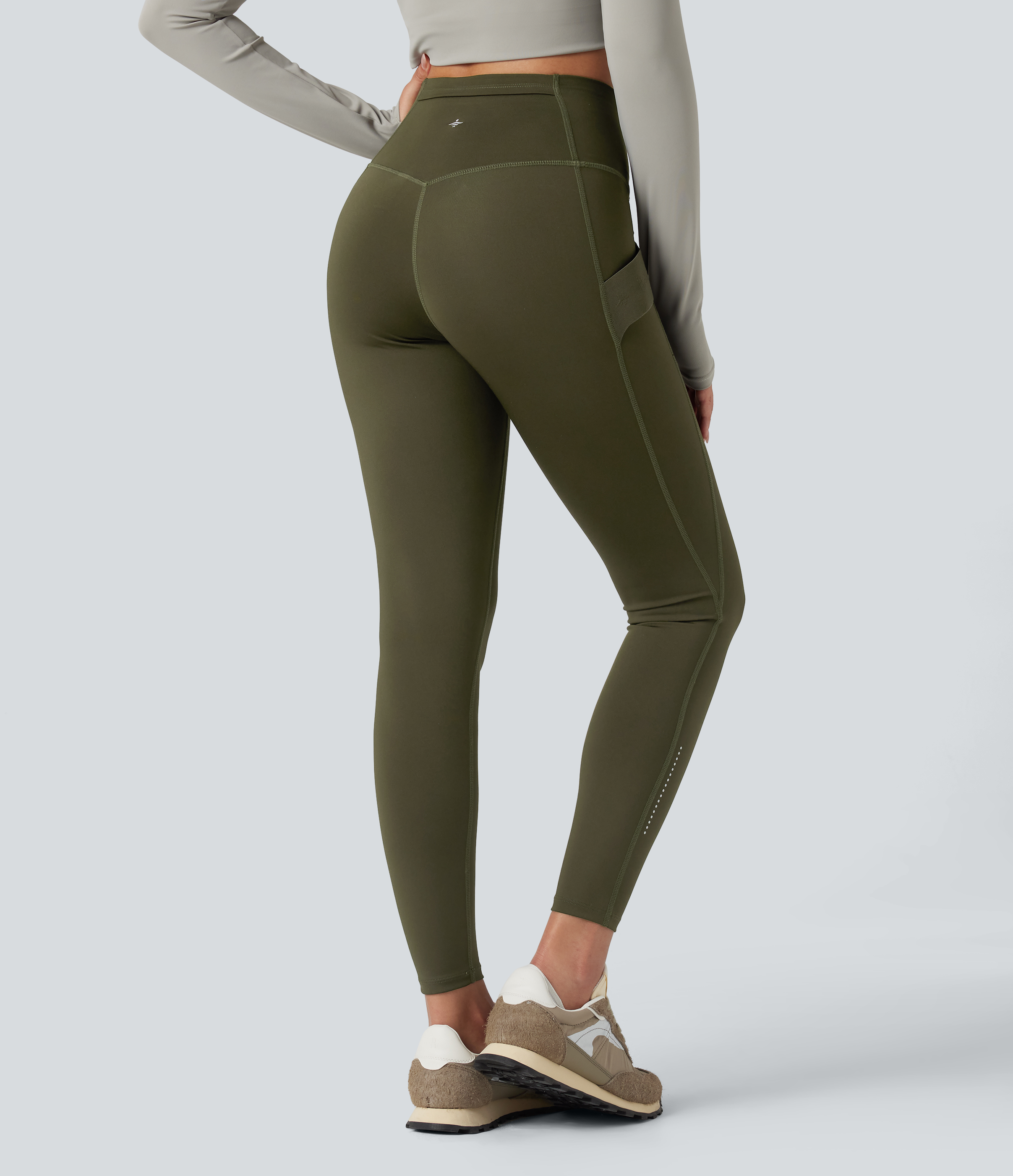 Twilight Green Wear-Resistant Reflective Crossover High Waisted Hiking 7/8 Leggings with Pocket / 2