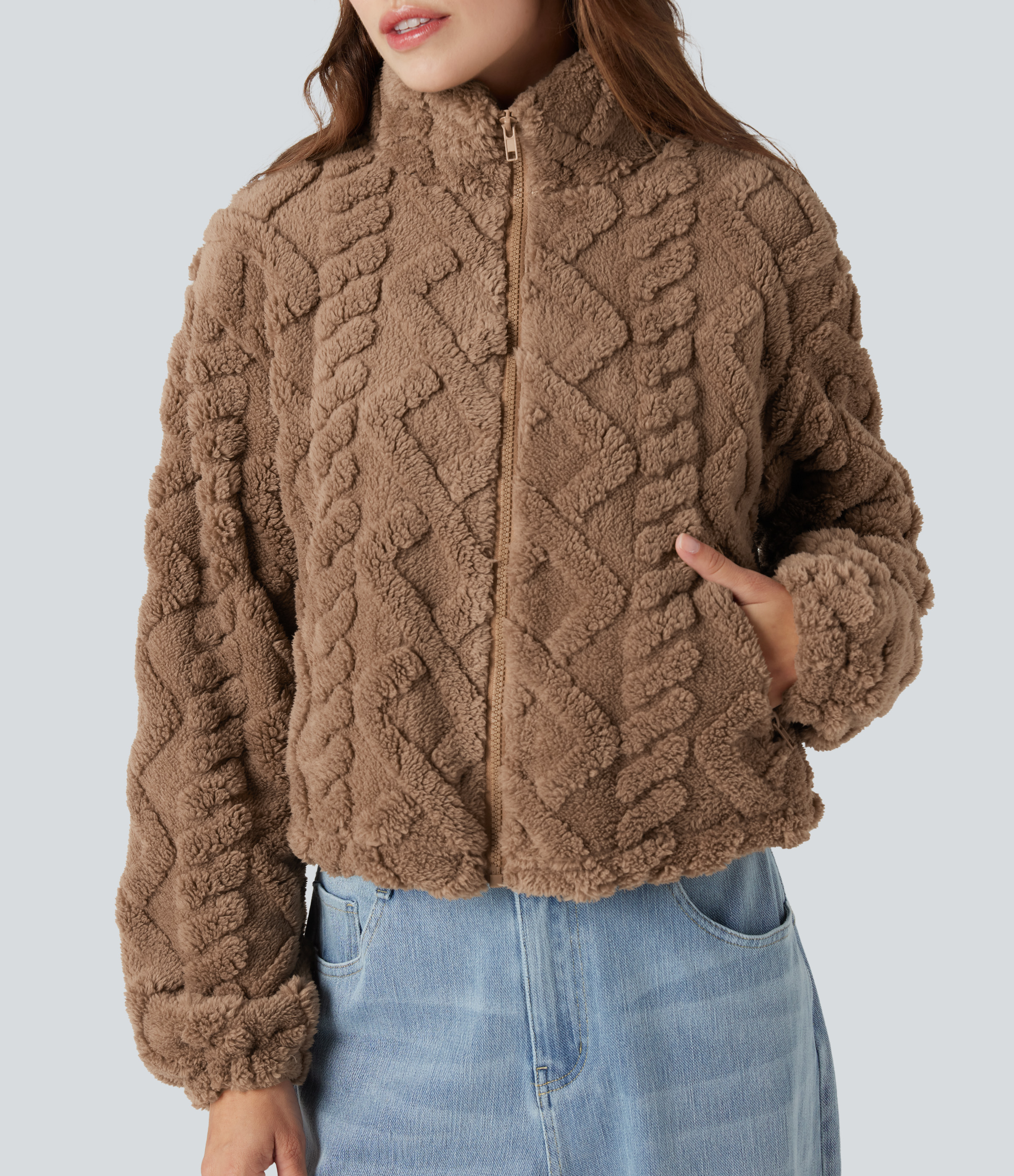 High-neck Zip Fly Casual Sherpa Jacket with Pockets