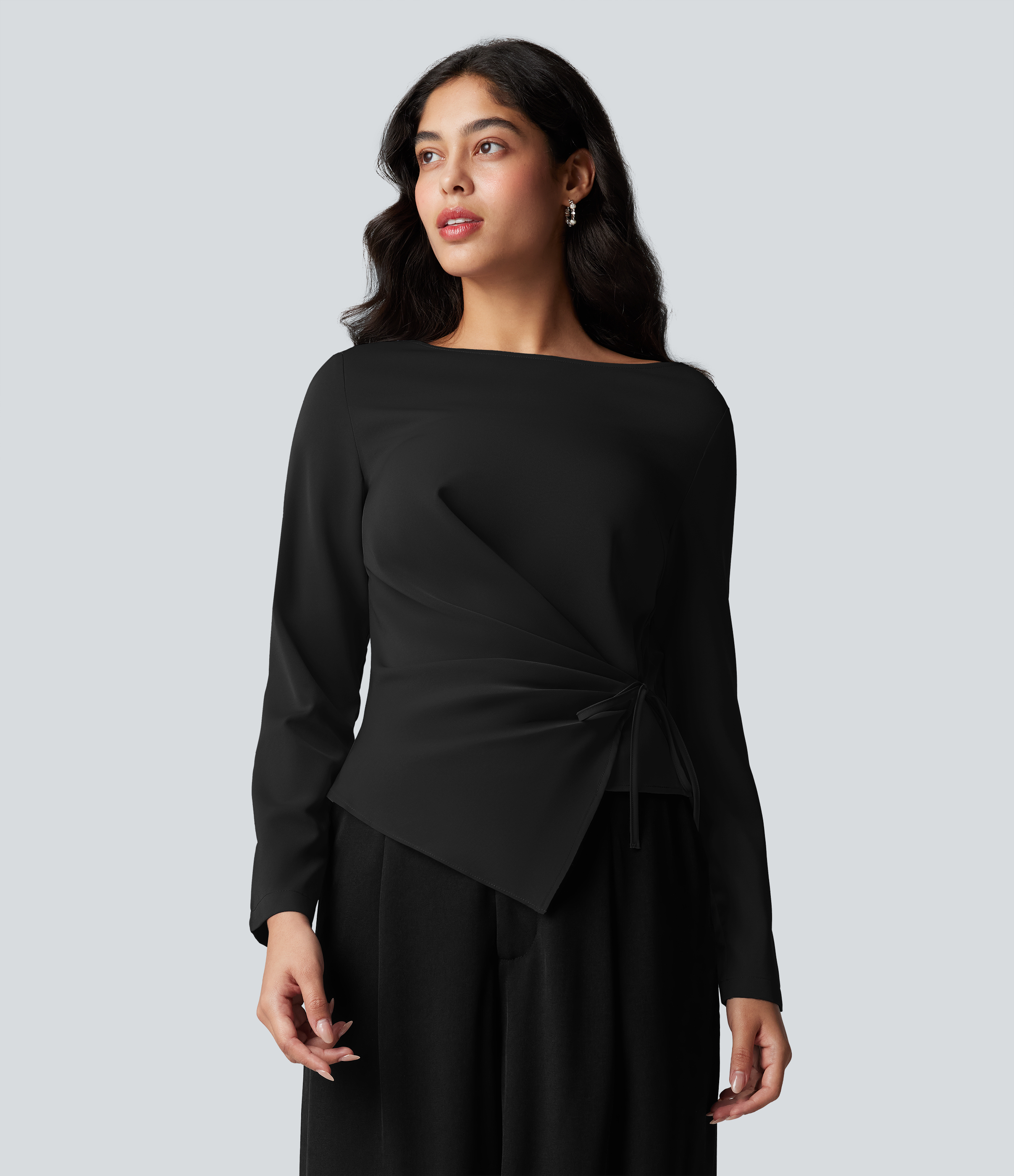 Wrinkle-resistant Boat Neck Long Sleeve Ruched Tie Women Work Blouse Top