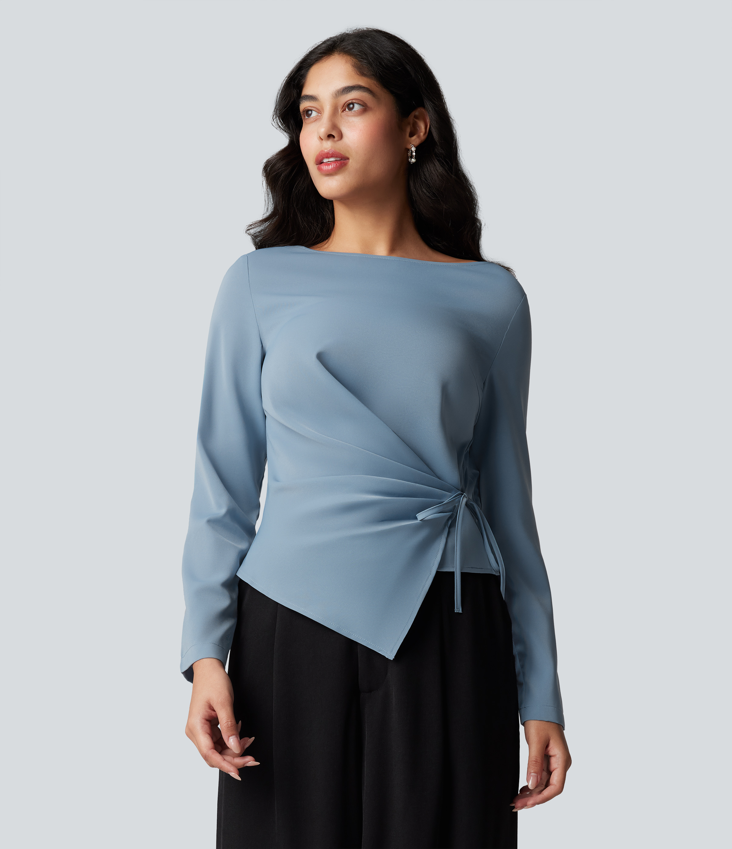 Mountain Spring Wrinkle Recovery Boat Neck Long Sleeve Ruched Tie Work Blouse / 2