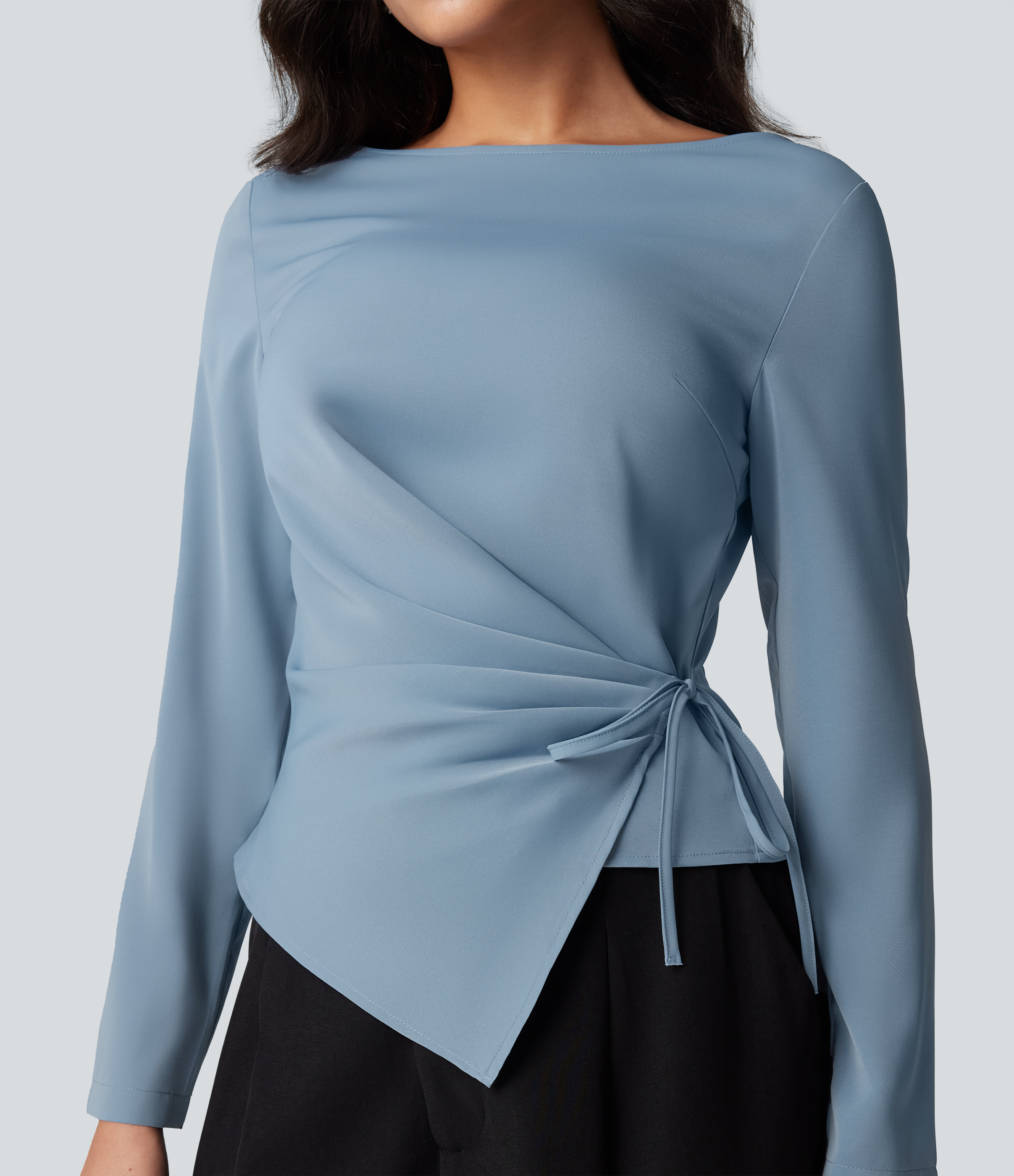Wrinkle-resistant Boat Neck Long Sleeve Ruched Tie Women Work Blouse Top
