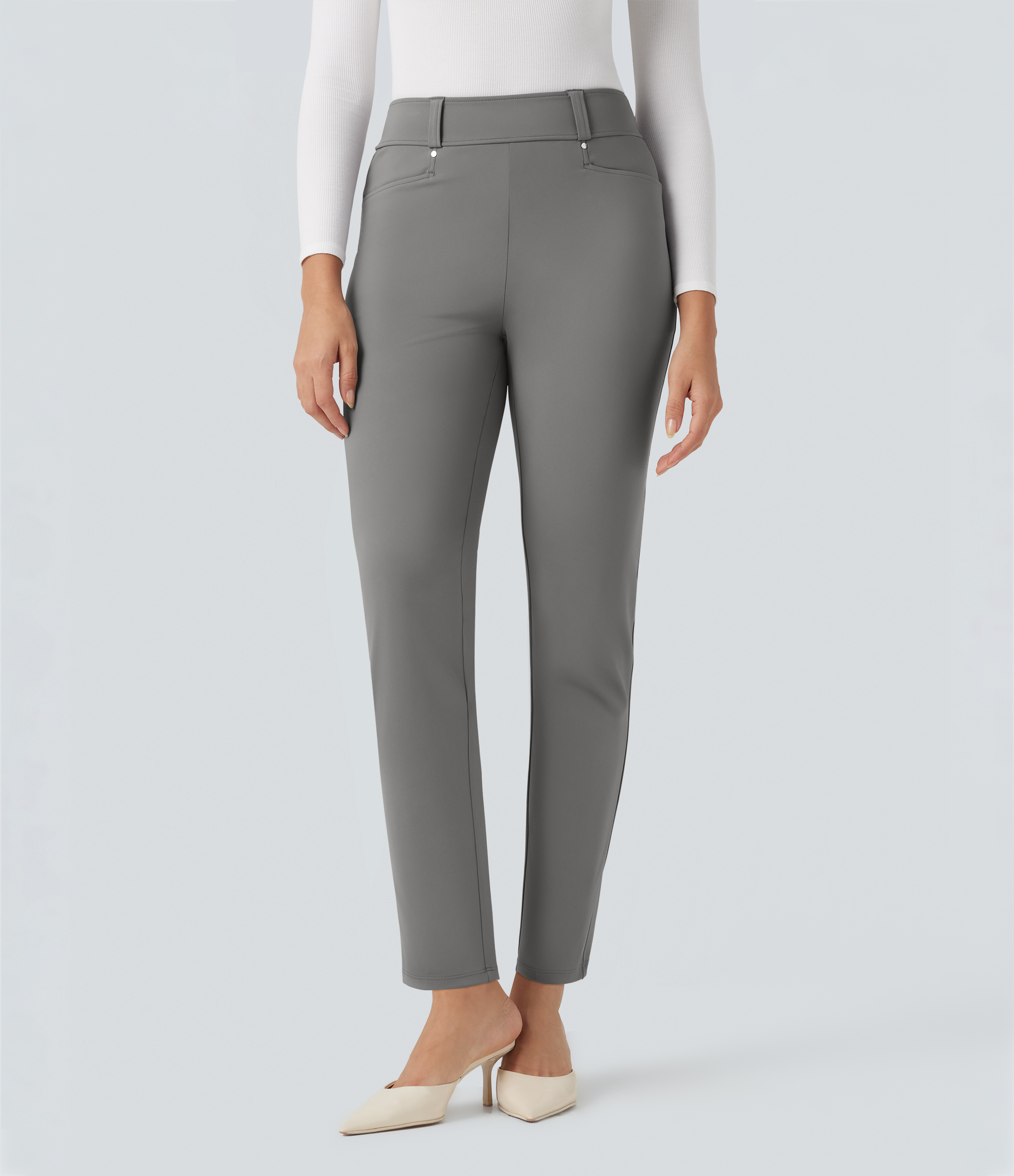 Silent Storm Pantalones de oficina Halara Flex™ cónicos de tiro alto 7/8 con bolsillos / 1