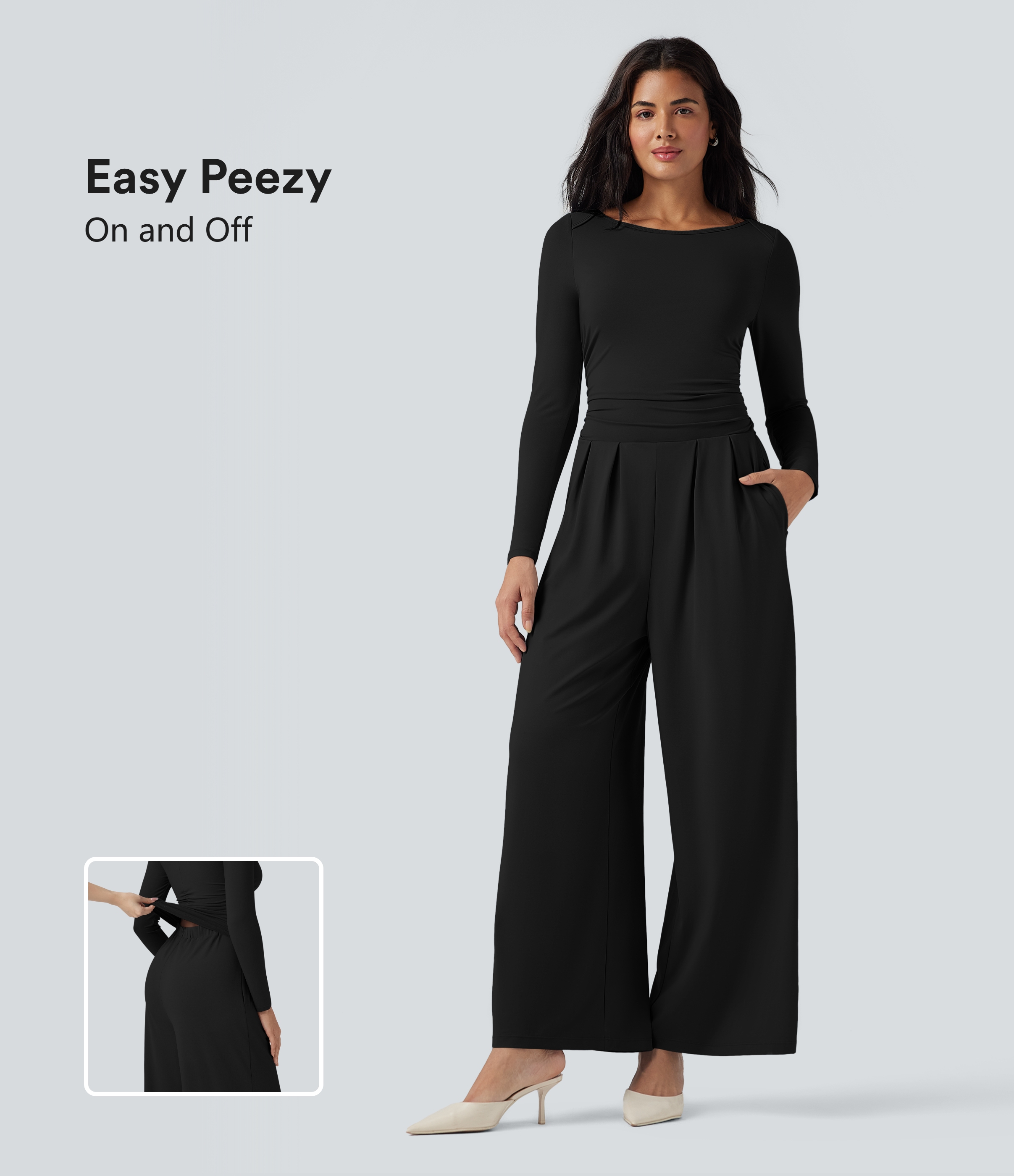 Boat Neck Long Sleeve Wide Leg Casual Jumpsuit with Pockets-Easy Peezy Edition