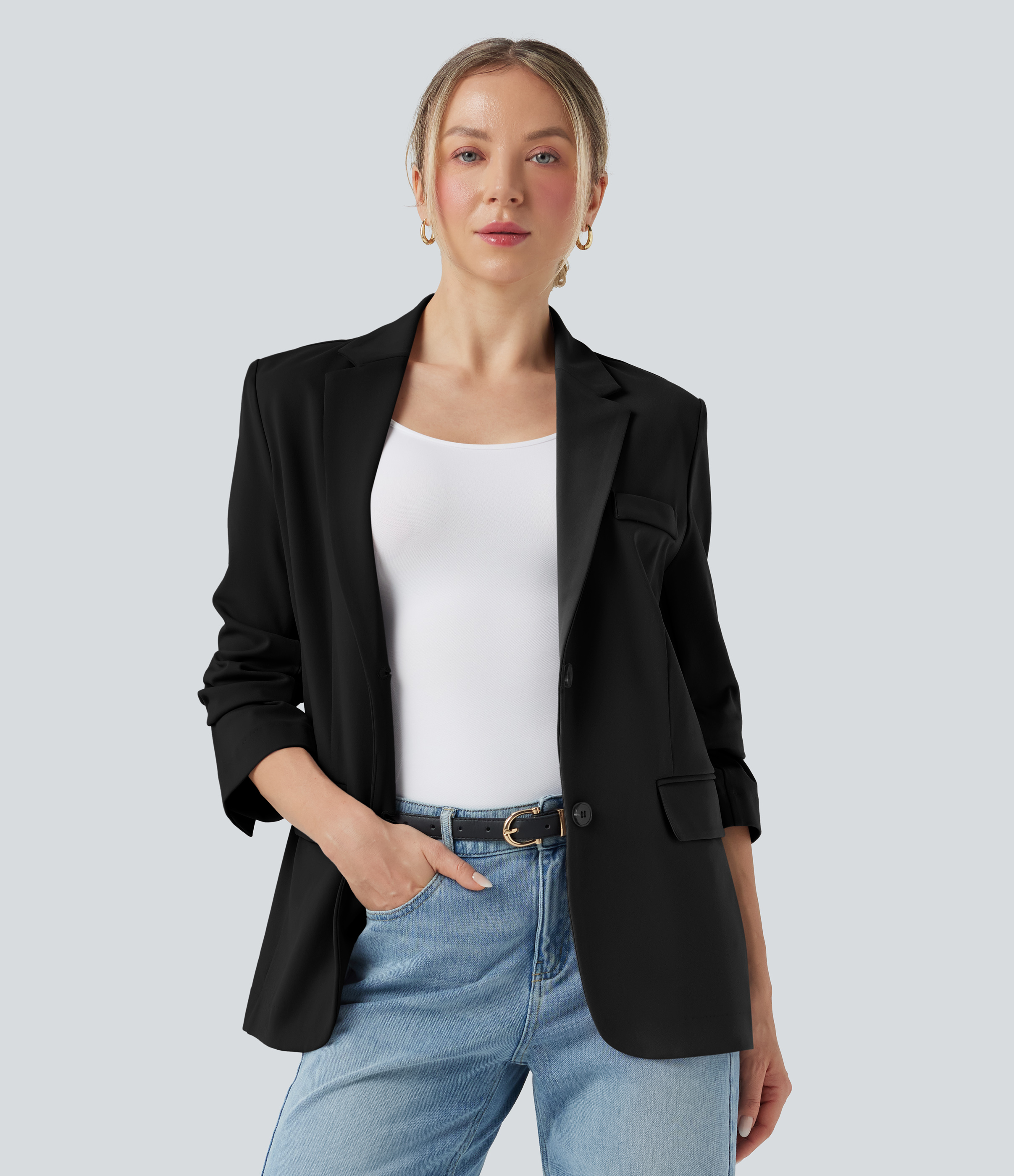 DayStretch Notched Collar Long Sleeve Work Blazer with Pockets