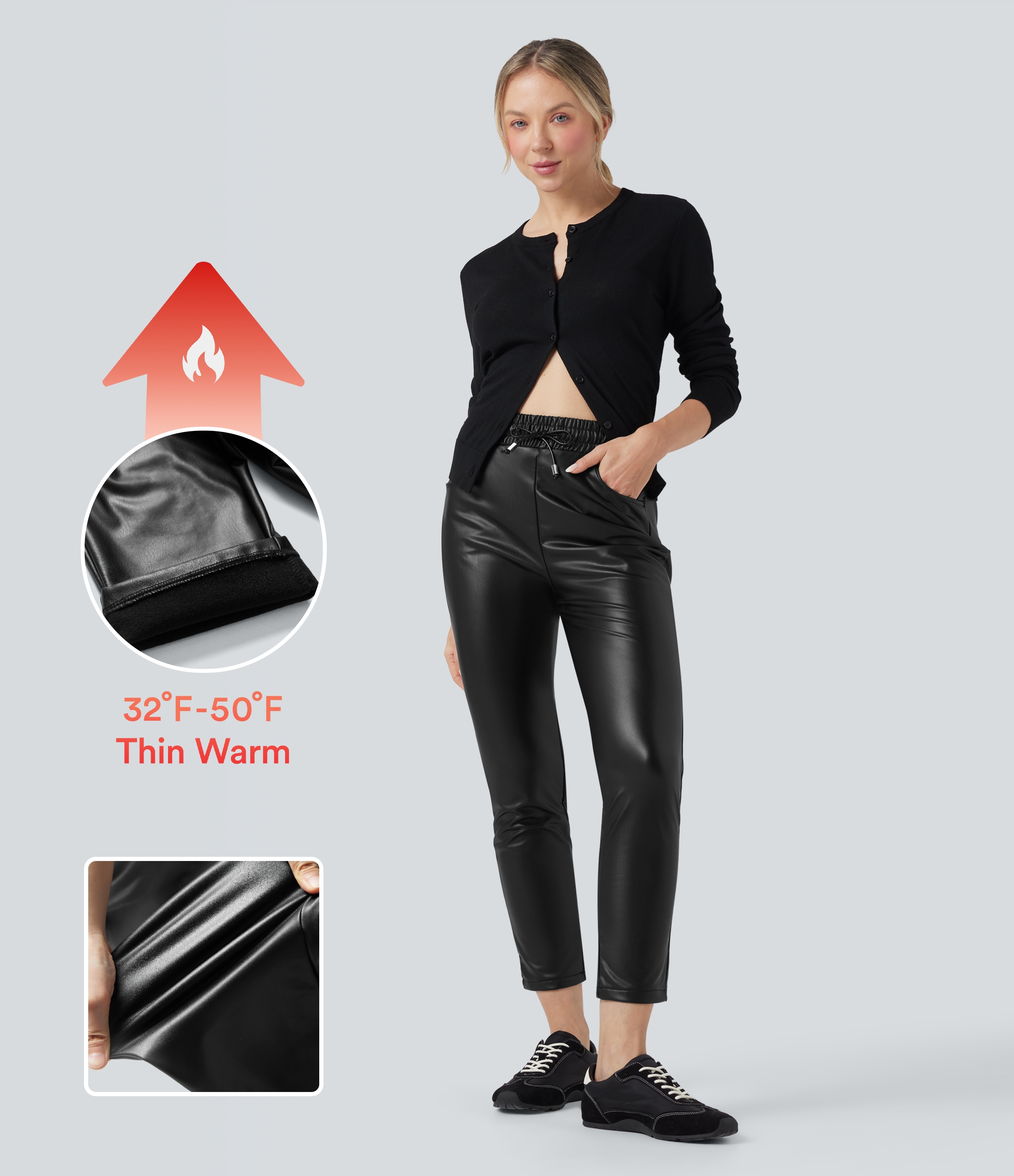 Black High Waisted Drawstring Stretchy PU Fleece 7/8 Casual Tapered Pants with Pockets / 1