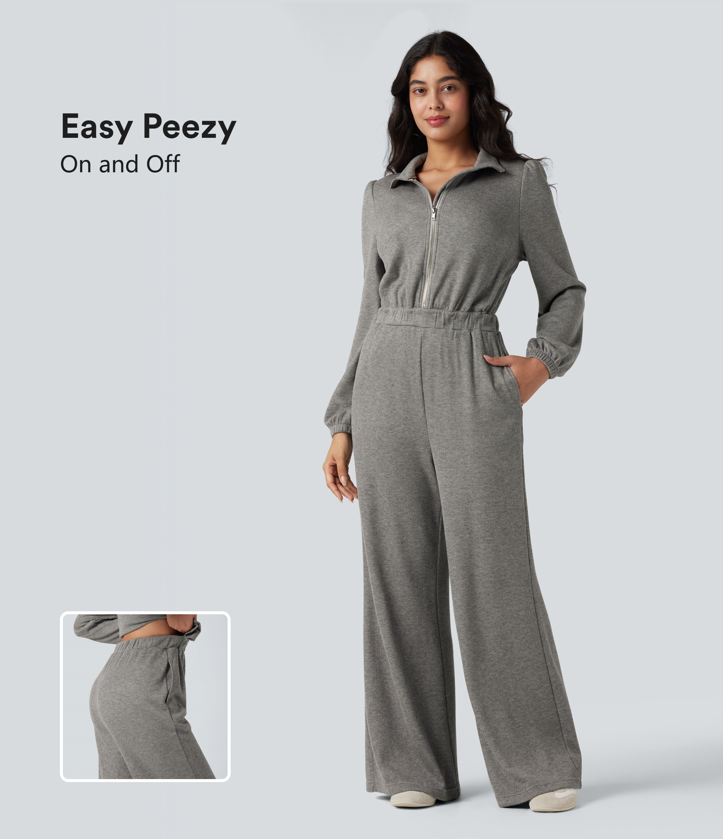 Pebble Grey Ležerna kombineza s polovično zadrgo, dolgimi rokavi, širokimi hlačnicami in žepi — izdaja Easy Peezy / 1