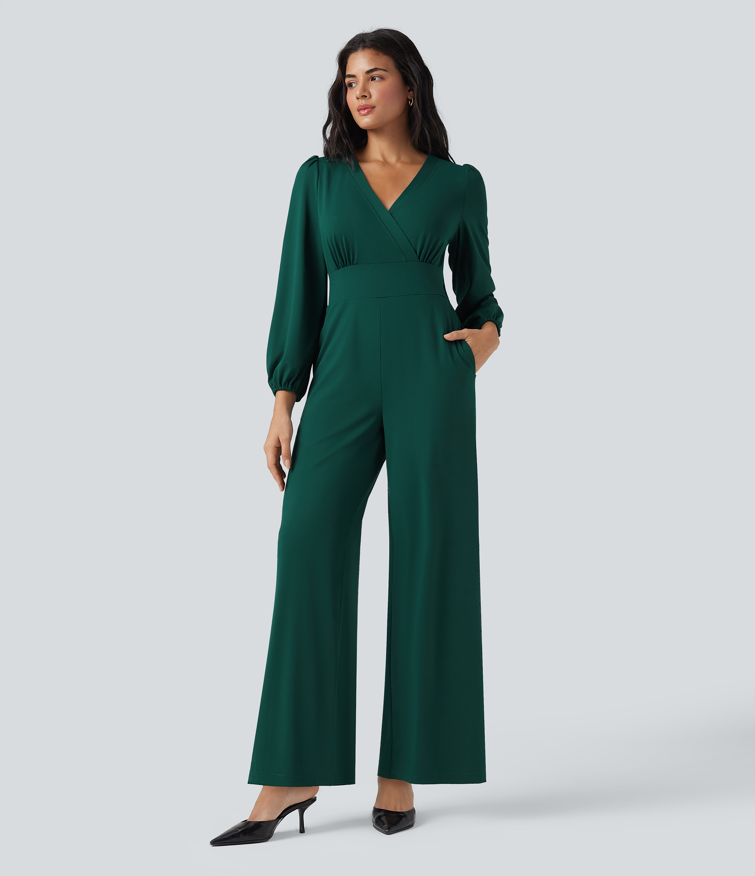 Combinaison tailleur à jambes larges, col V, manches longues, avec poches – Édition Easy Peasy
