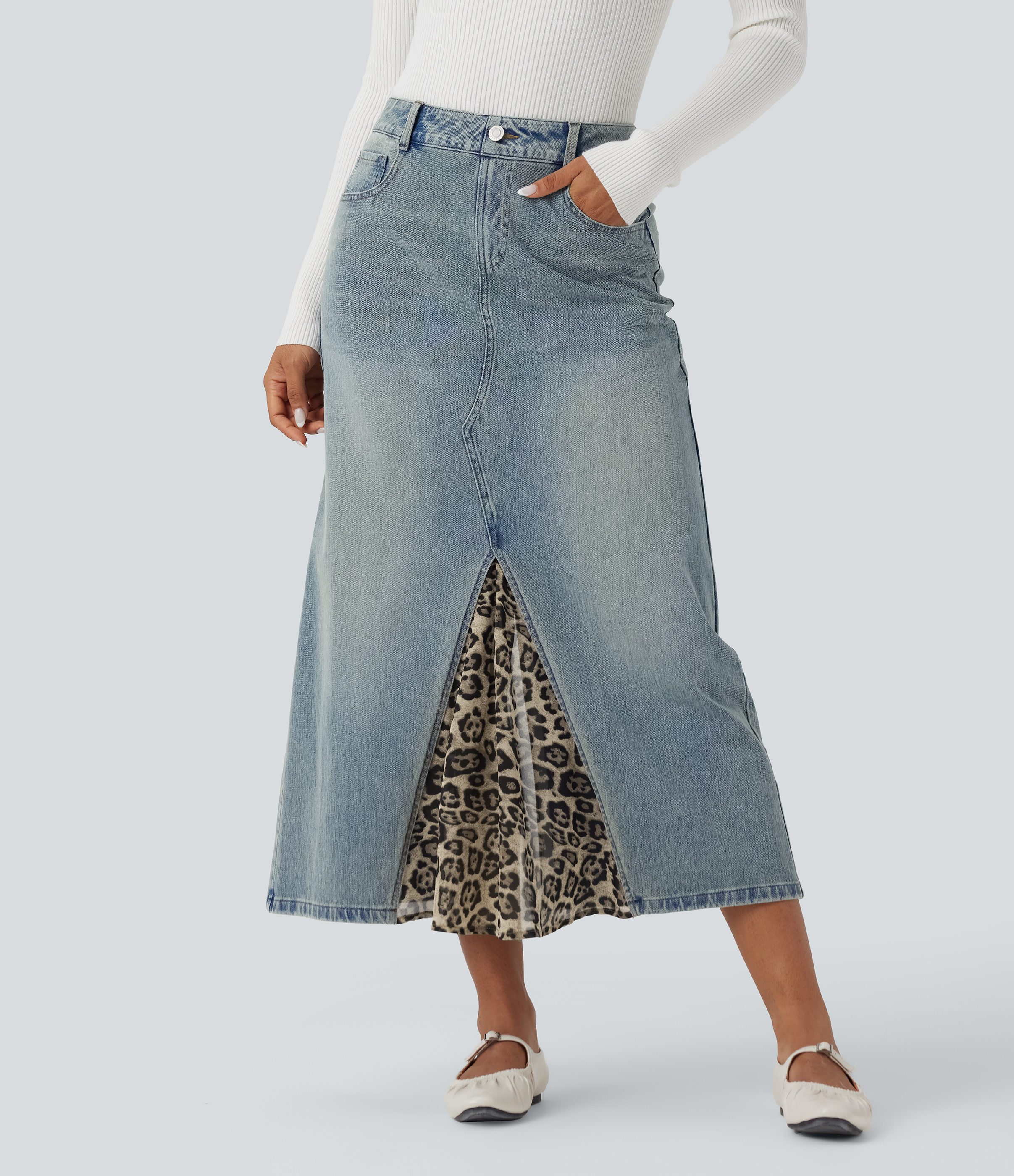 Jupe denim mi-longue Halara Flex™ évasée taille mi-haute mesh léopard contrastant avec poches