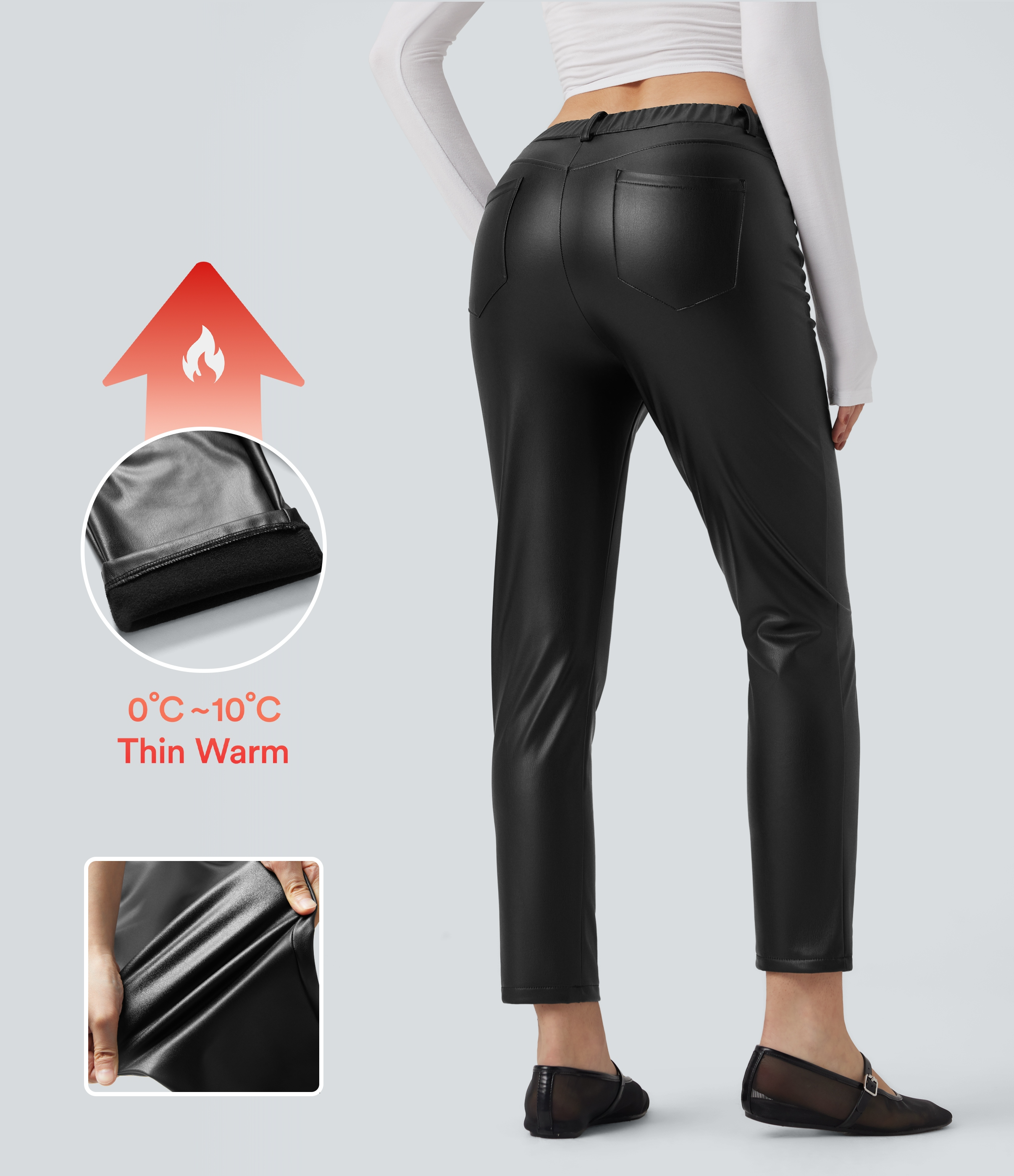 Mid Rise Stretchy PU Faux Leather Fleece 7/8 Casual Tapered Trousers with Pockets