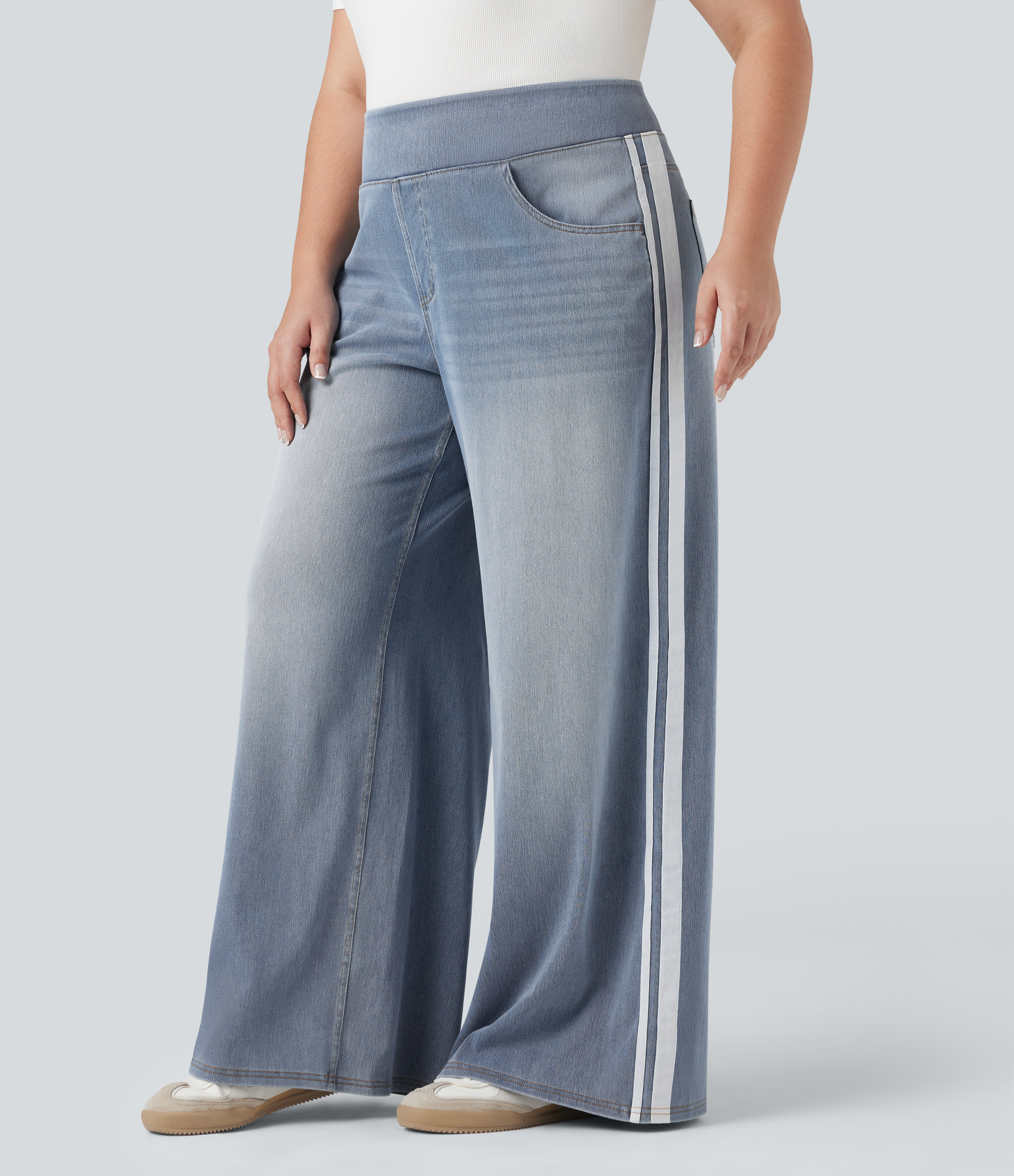 Plus Size Halara Flex™ High Waisted Stripe Wide Leg Flowy Washed Casual Jeans mit Taschen