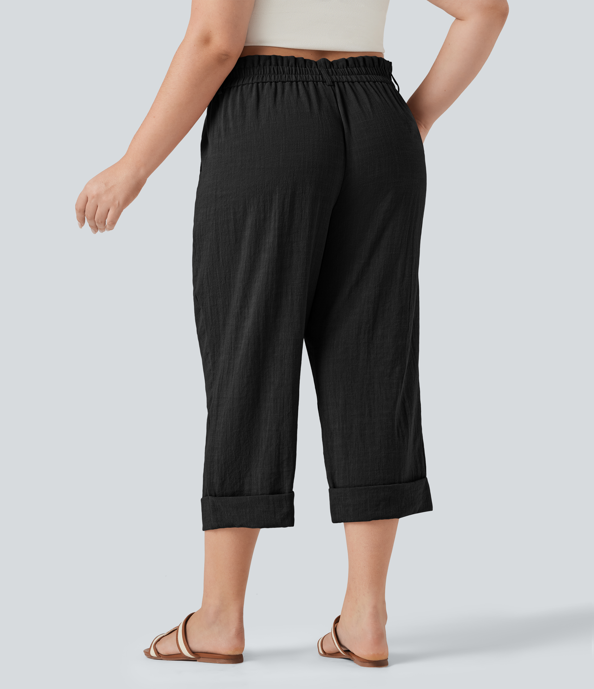 Black Pantalon de villégiature capri effet lin, grande taille, taille haute, avec poches / 2