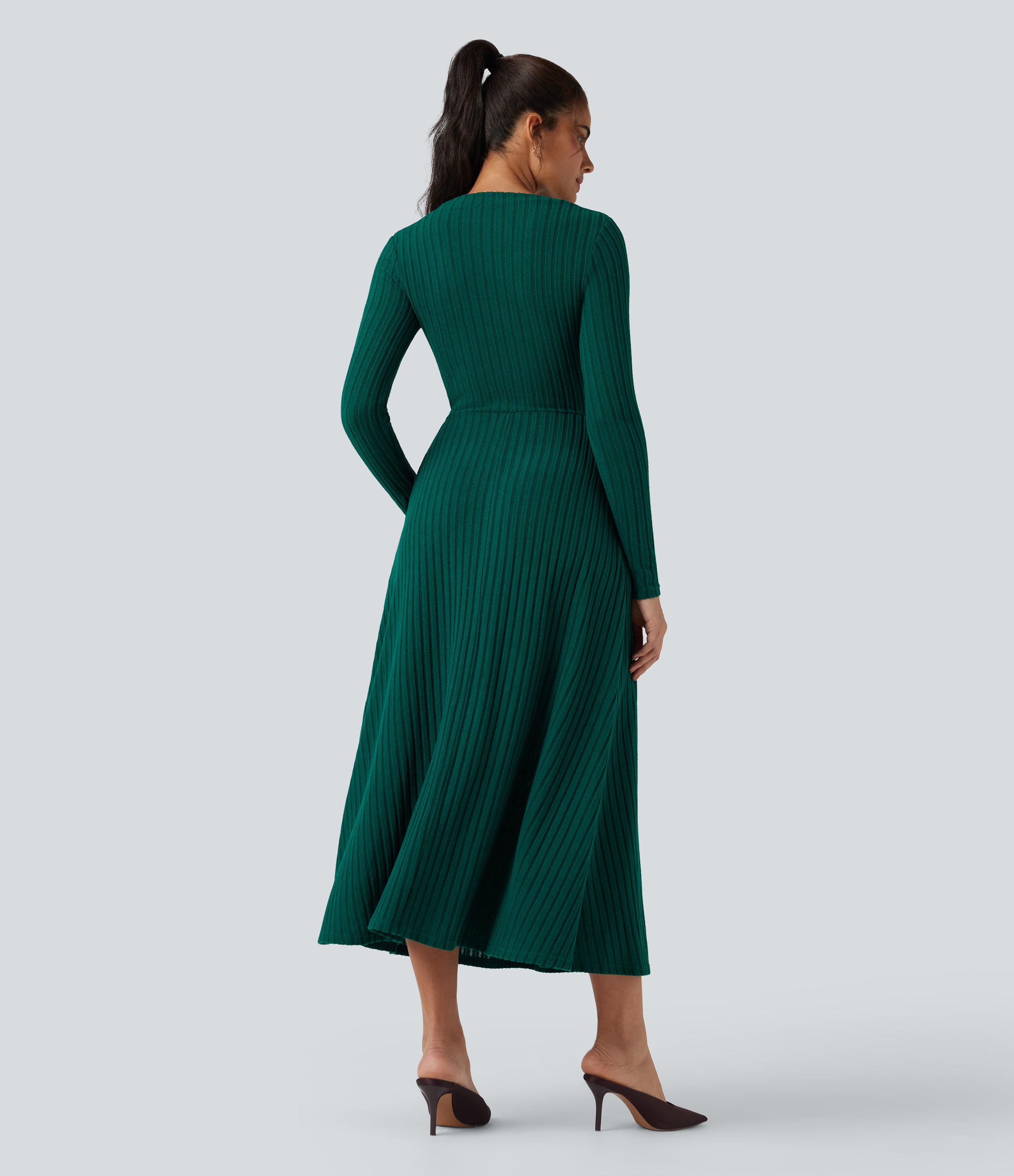 Mottled Greenlake Rochie midi casual din tricot nervurat, cu mâneci lungi și buzunare / 2