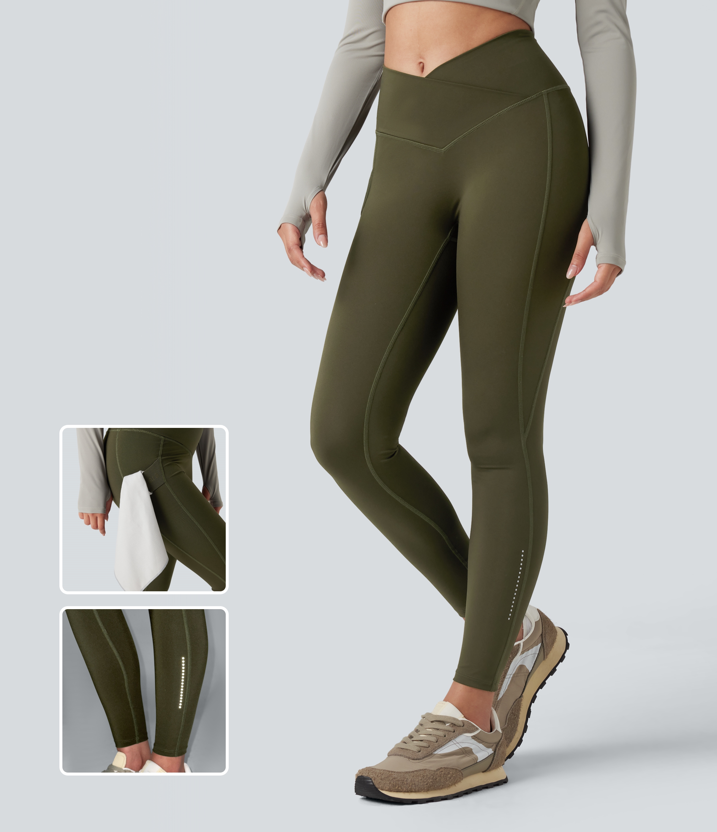 Twilight Green Wear-Resistant Reflective Crossover High Waisted Hiking 7/8 Leggings with Pocket / 1