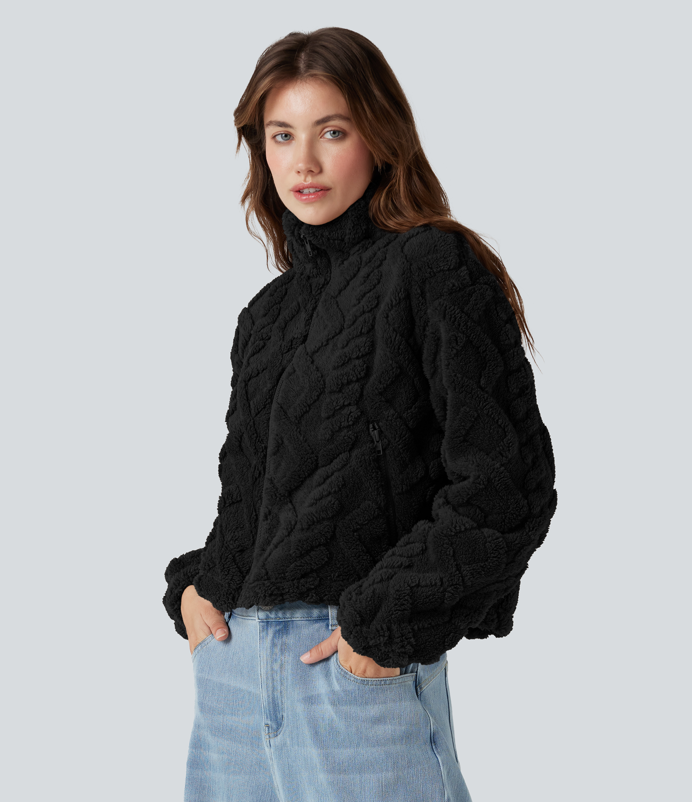 Veste sherpa col montant avec fermeture éclair et poches