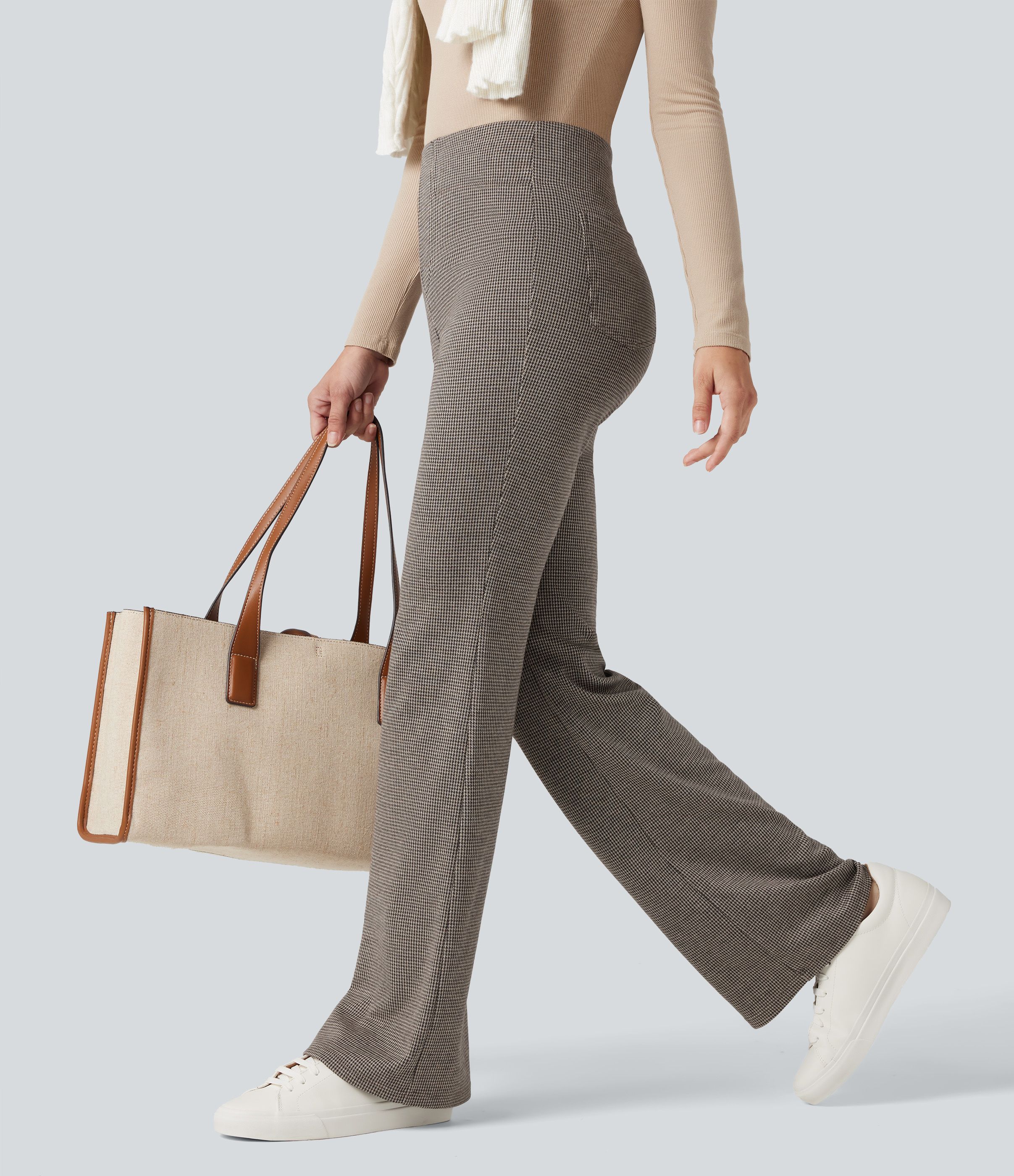 Pantalon de travail évasé taille haute à motif pied-de-poule avec poches
