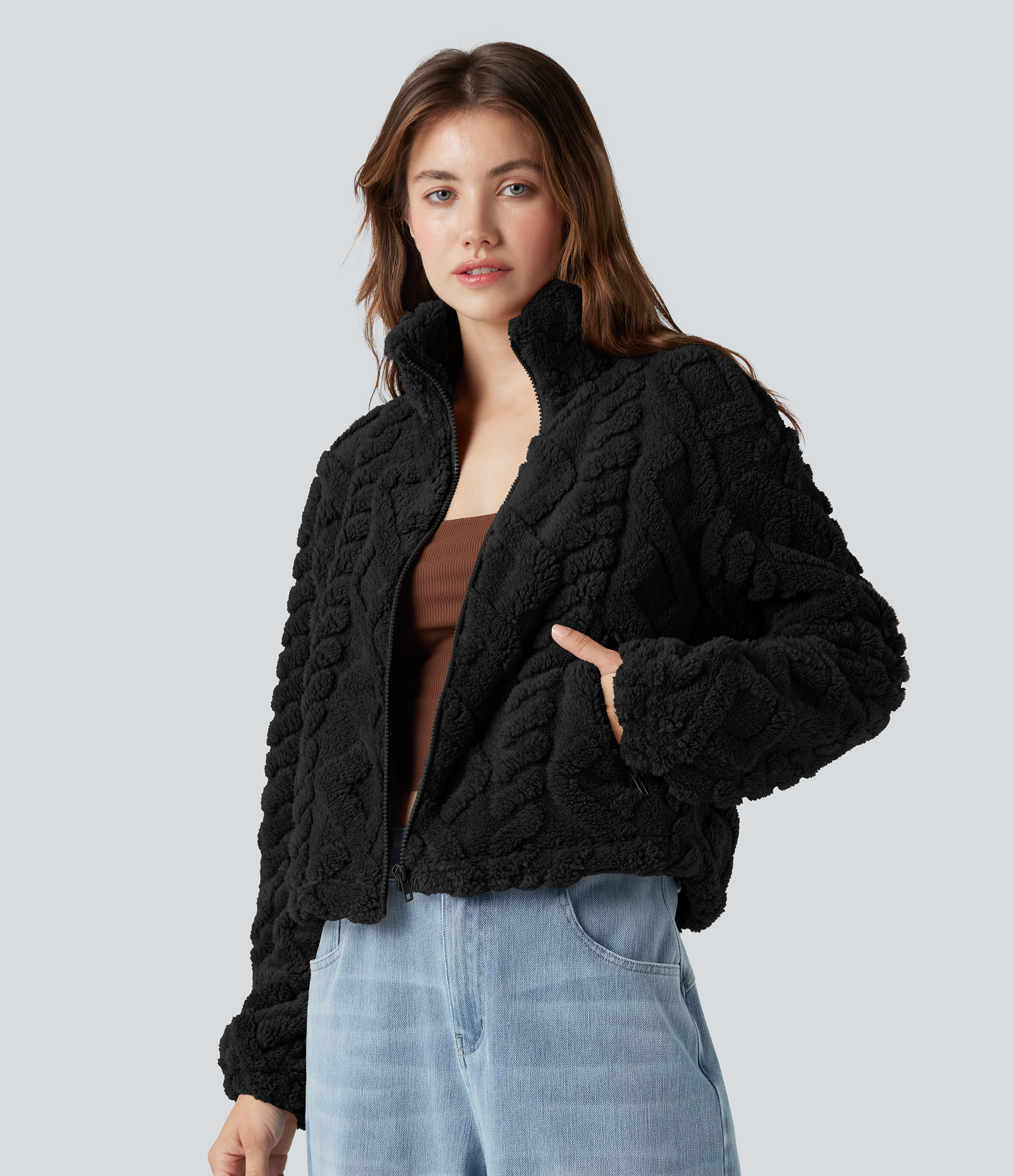 High-neck Zip Fly Casual Sherpa Jacket with Pockets