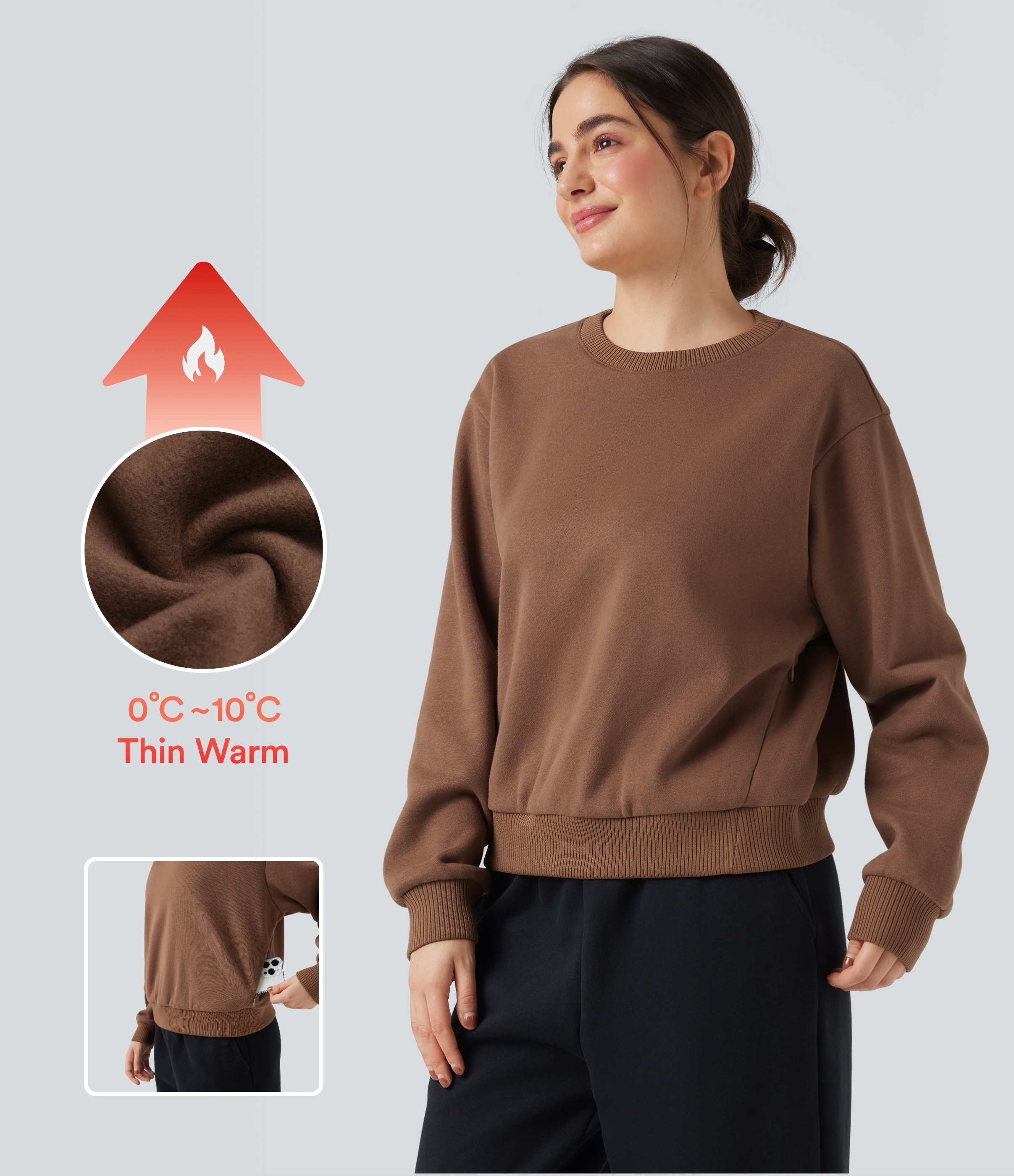 Round Neck Long Sleeve Fleece Casual Cotton Sweatshirt with Pockets