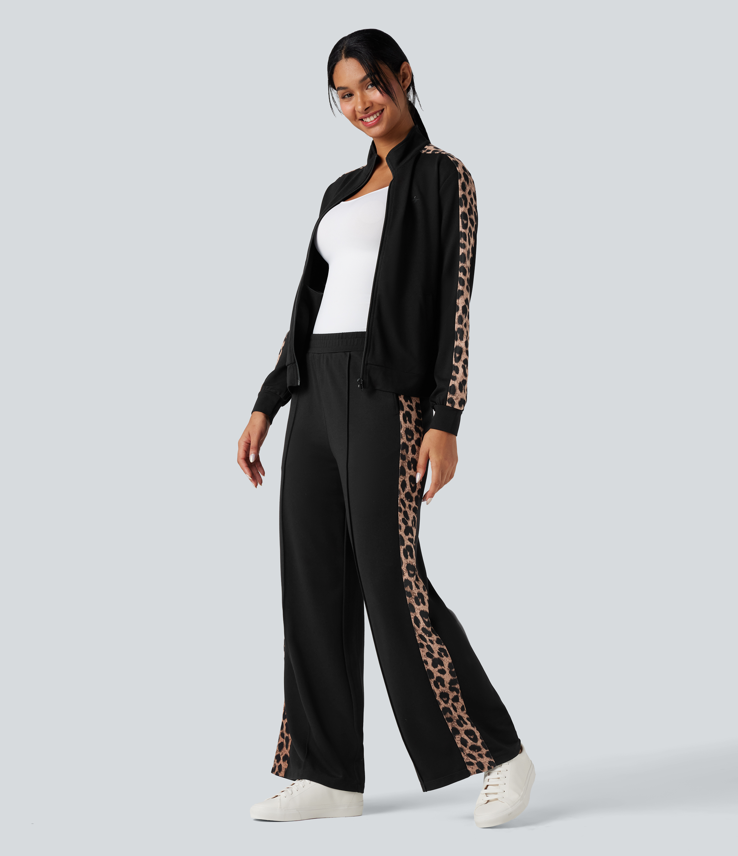 High Waisted Contrast Leopard Casual Wide Leg Pants with Pockets