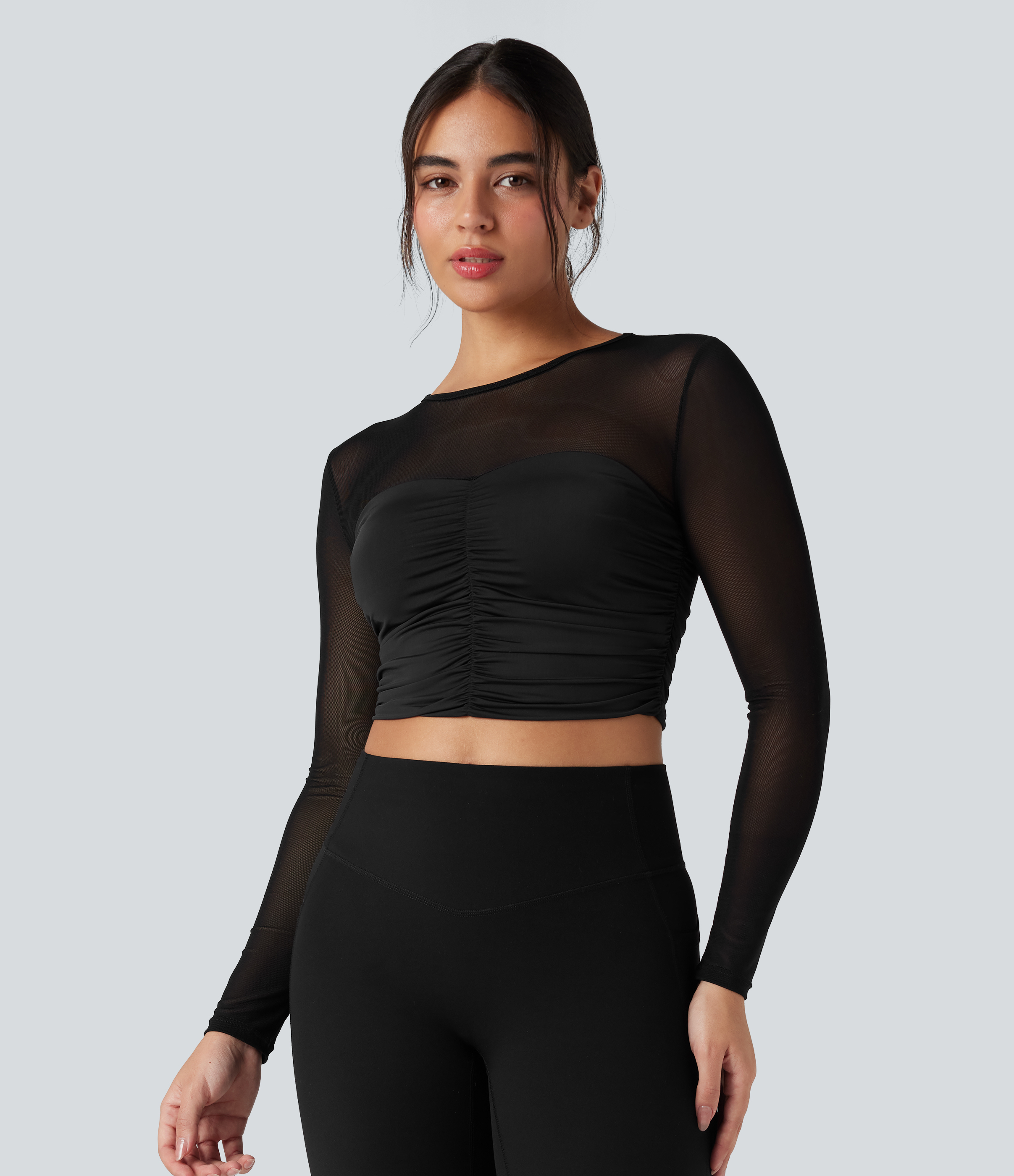 Black Round Neck Long Sleeve Ruched Contrast Mesh Yoga Sports Top / 1