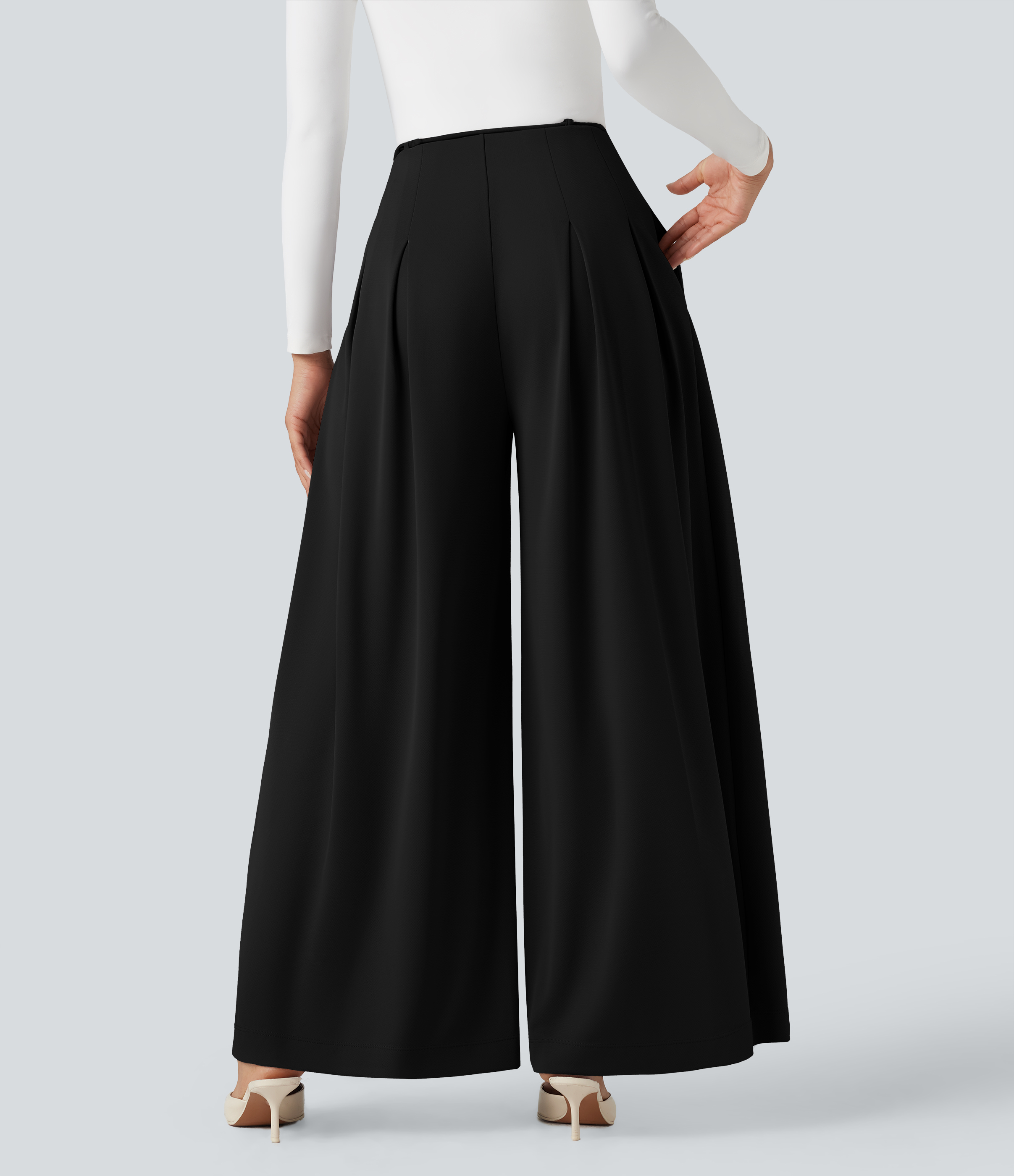 Black Halara Flex™ High Waisted Tie Front Wide Leg Crepe Work Trousers with Pockets / 2