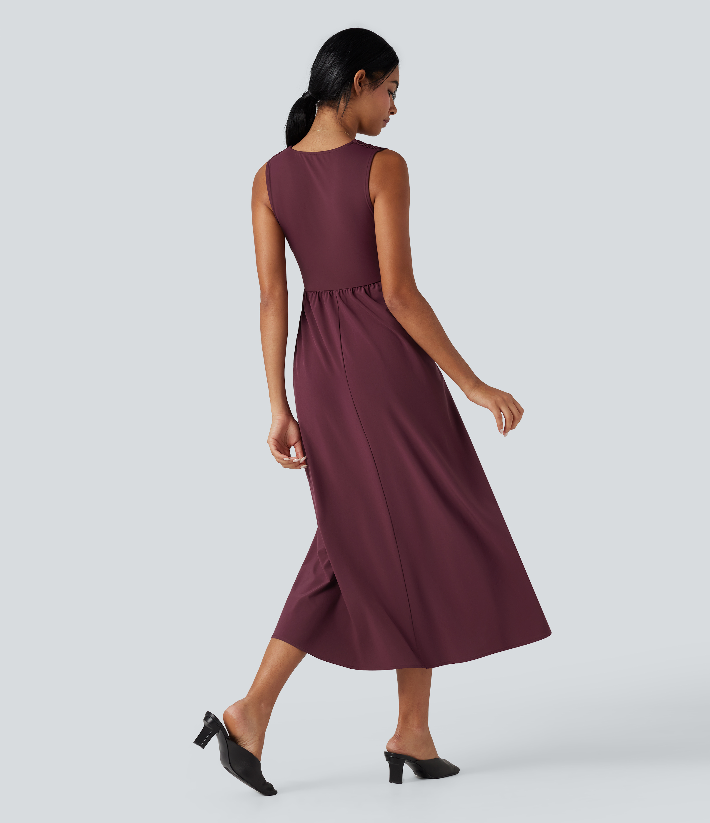 Amaranth Breezeful™ Deep V-neck Sleeveless Tummy Control Quick Dry Midi Casual Flowy Dress with Pockets / 2