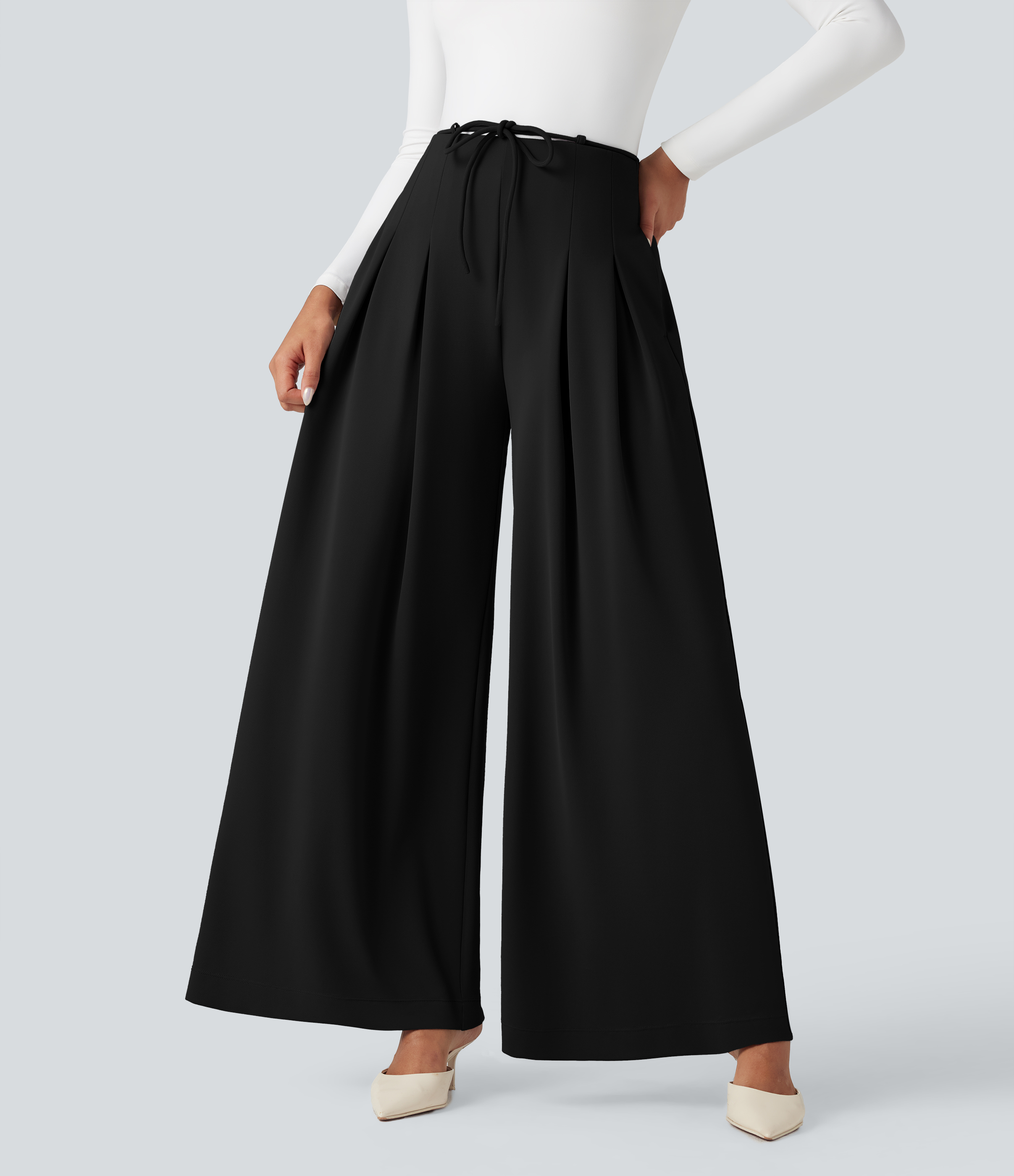Black Halara Flex™ High Waisted Tie Front Wide Leg Crepe Work Trousers with Pockets / 1
