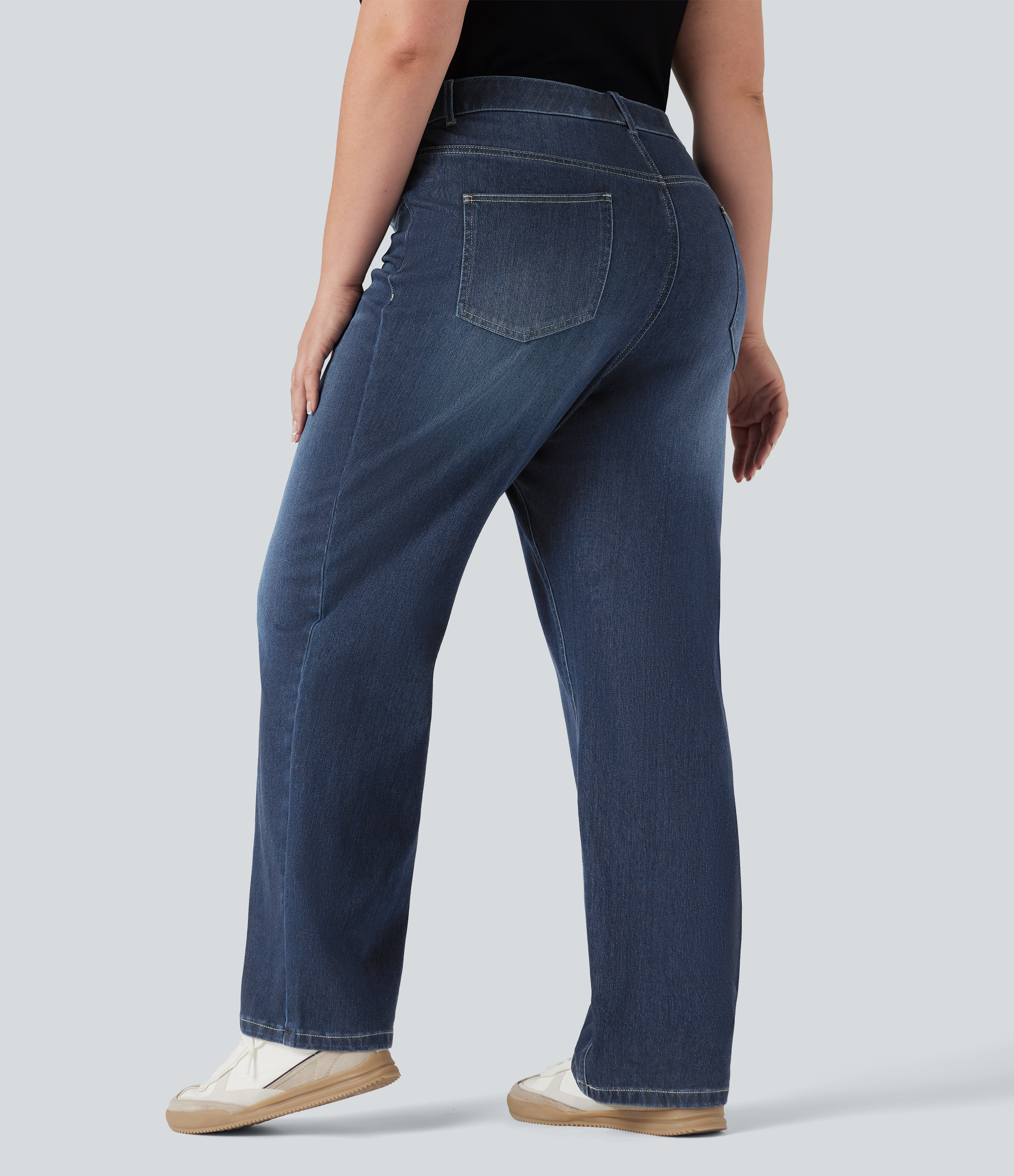 Distressed Denim Dark Blue Plus Size Halara Flex™ High Waisted Tummy Control Straight Leg Washed Casual Jeans with Pockets / 2