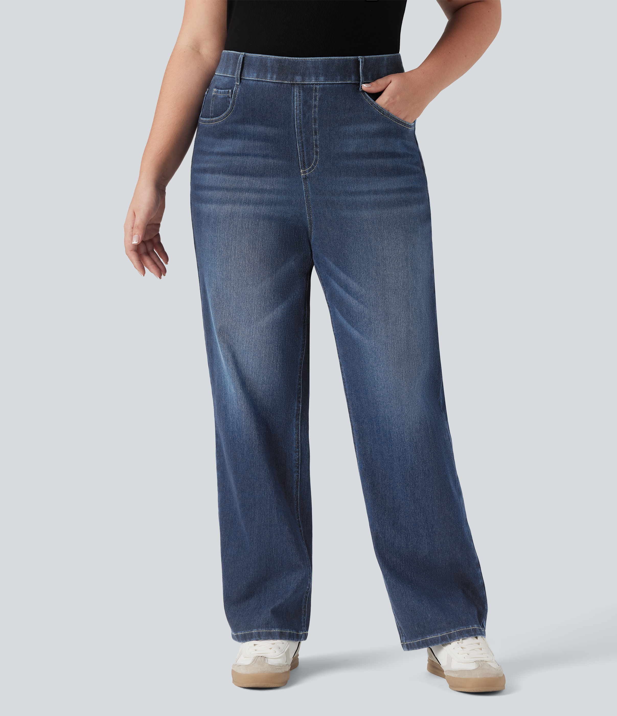 Plus Size Halara Flex™ High Waisted Tummy Control Straight Leg Washed Casual Jeans with Pockets