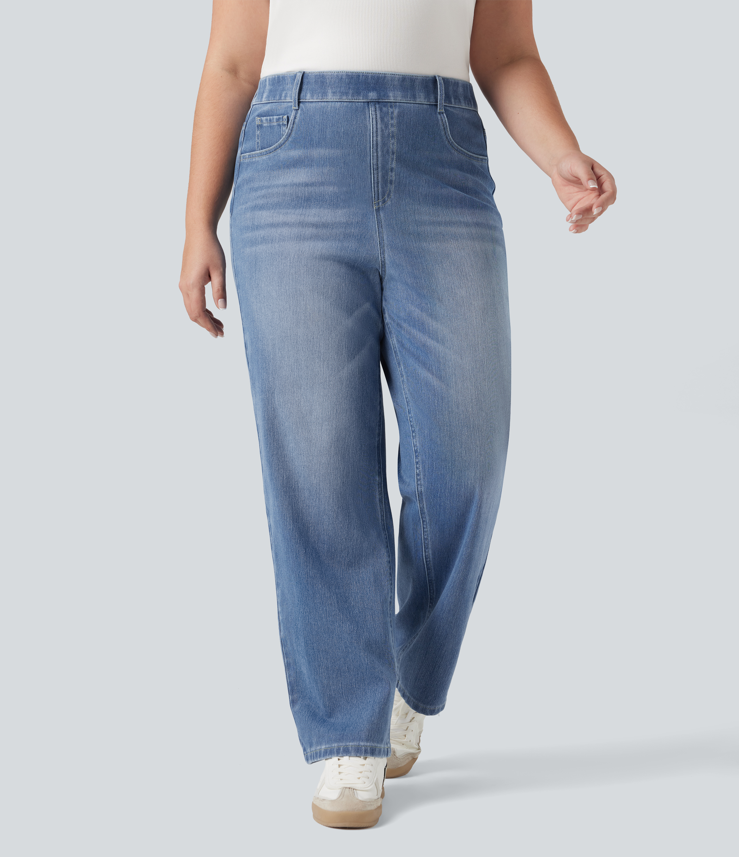 Plus Size Halara Flex™ High Waisted Tummy Control Straight Leg Washed Casual Jeans with Pockets