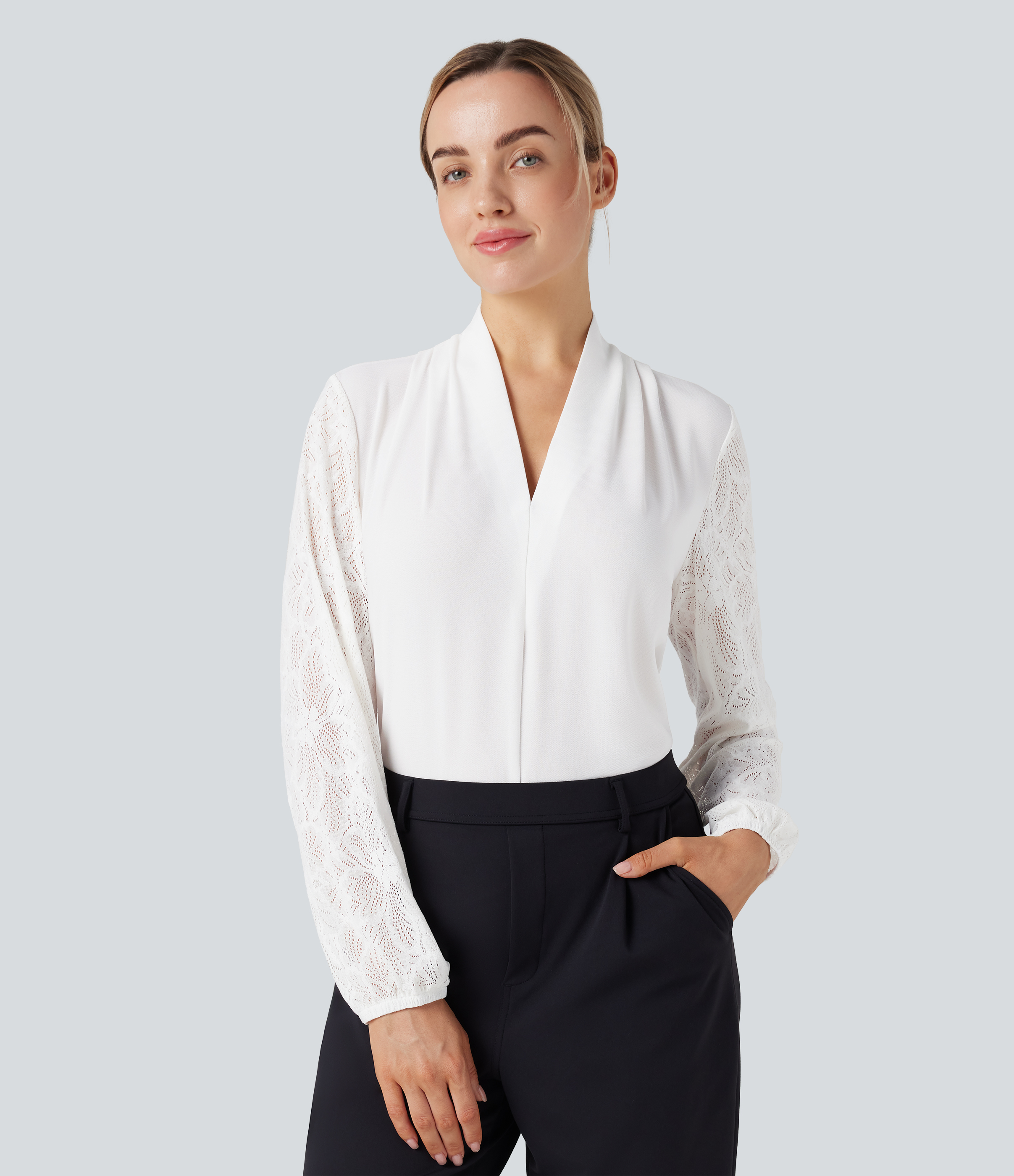 Blanc Blouse col V manches longues dentelle contrastante / 2