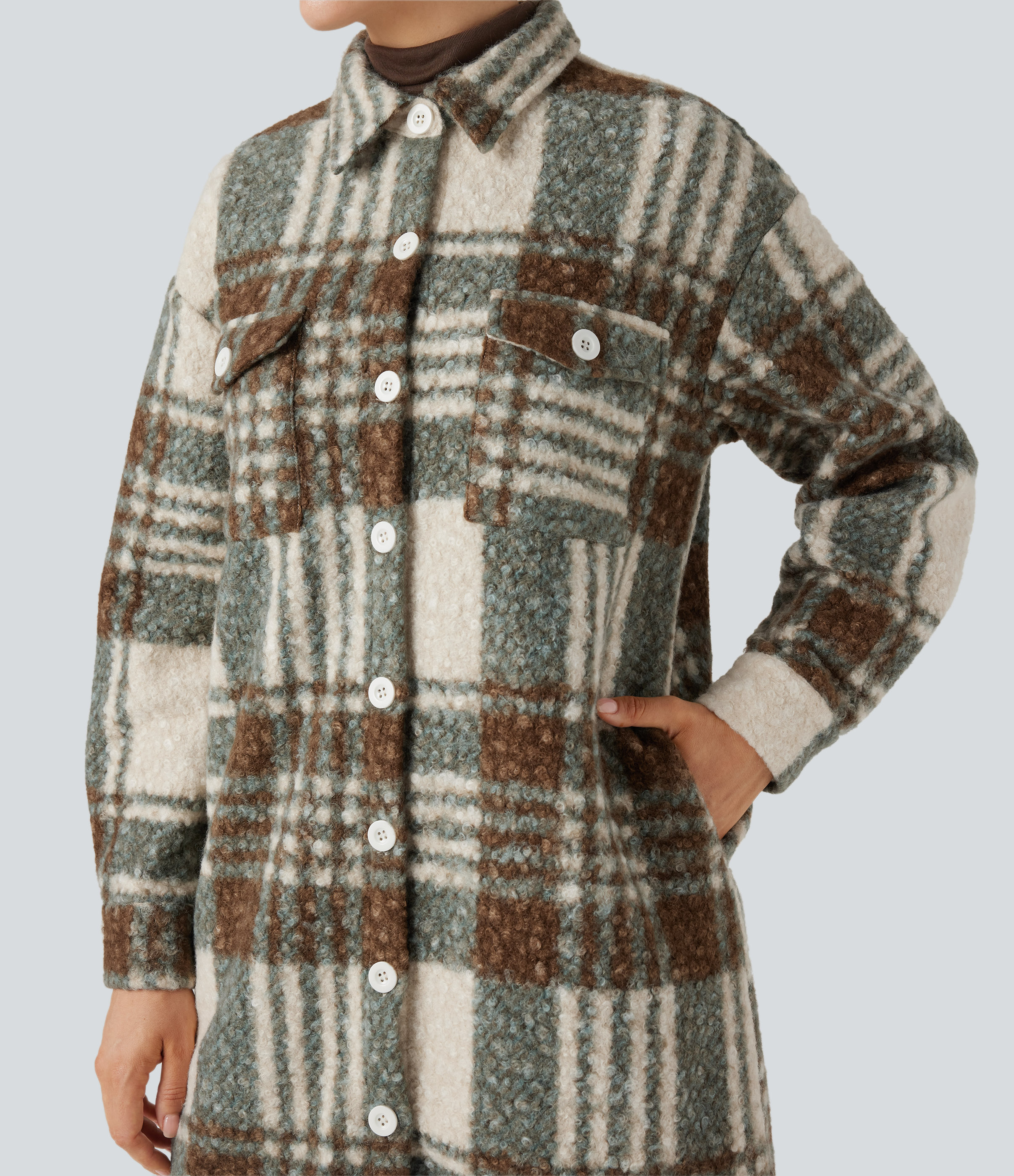 Veste sherpa longue manches longues carreaux avec poches