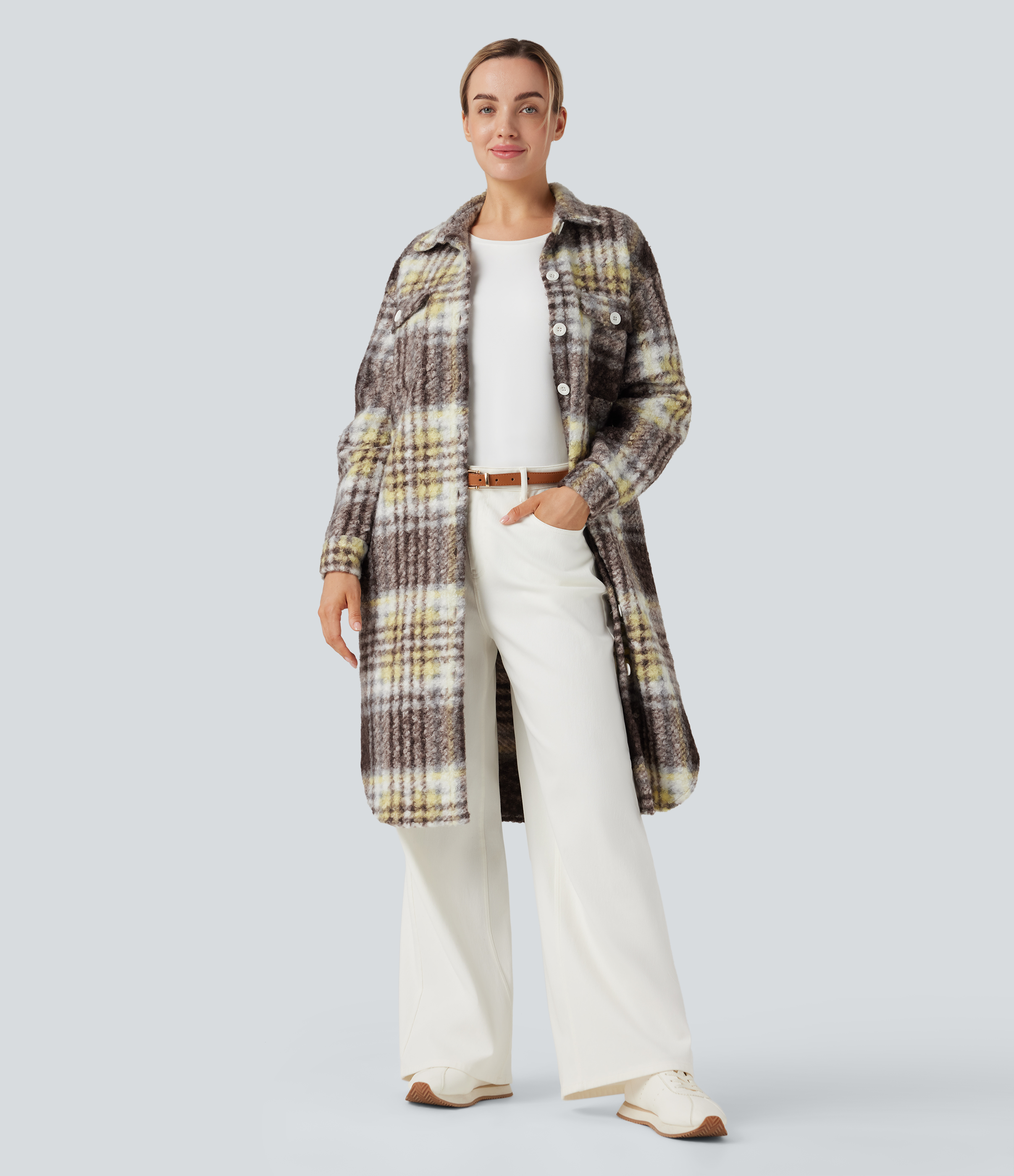 Veste sherpa longue manches longues carreaux avec poches