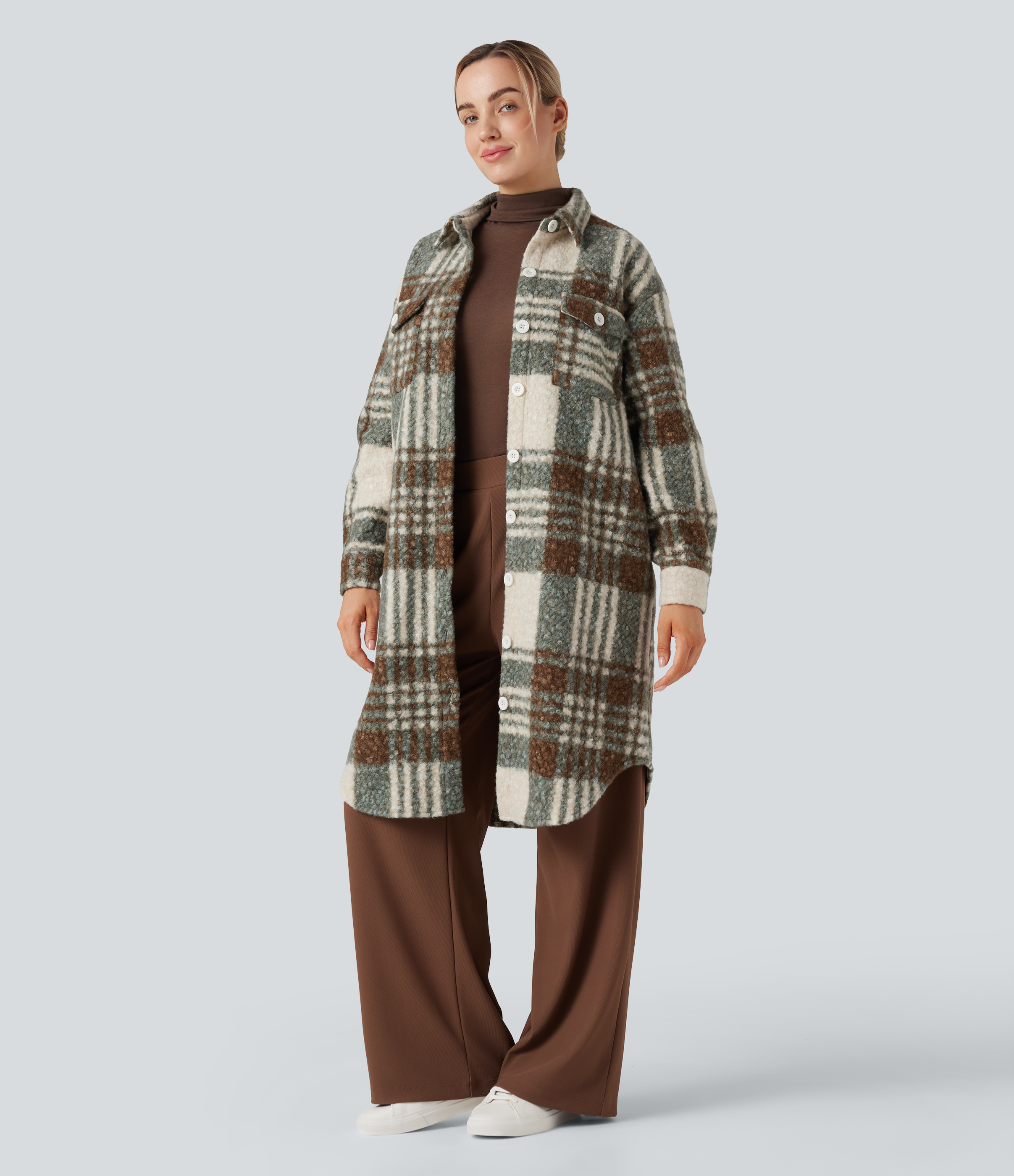 Veste sherpa longue manches longues carreaux avec poches